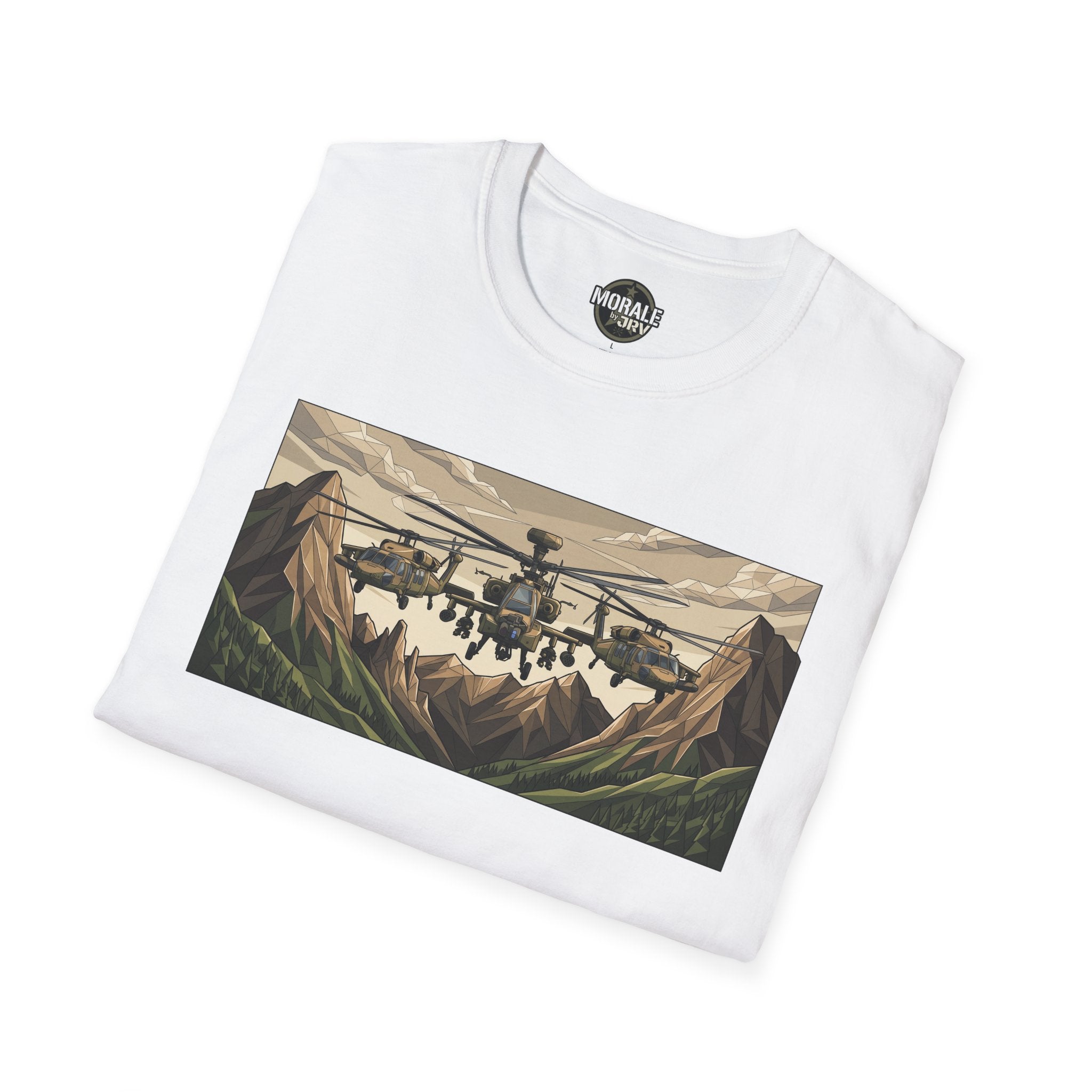 Attack Helicopter graphic T-shirt, white with helicopter mountain print