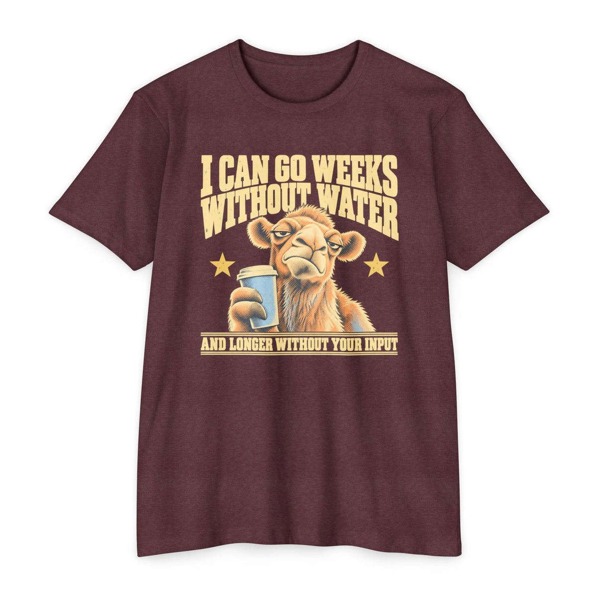 Burgundy unisex T-shirt with front camel coffee graphic and humorous text print
