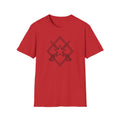 Red T-shirt with crossed sword and star emblem graphic on chest