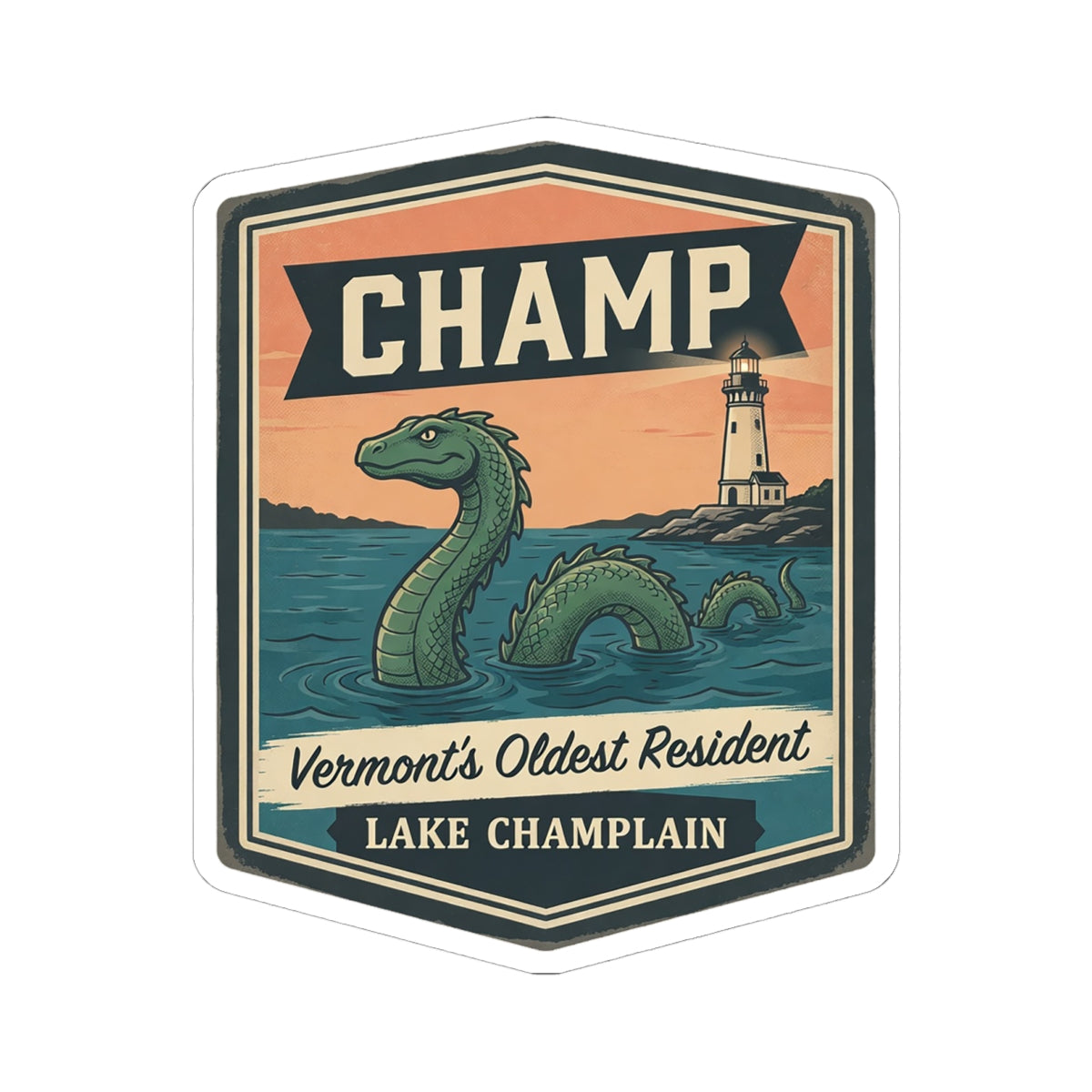 Kiss-cut sticker with CHAMP top text, green sea monster, lighthouse, and lake backdrop