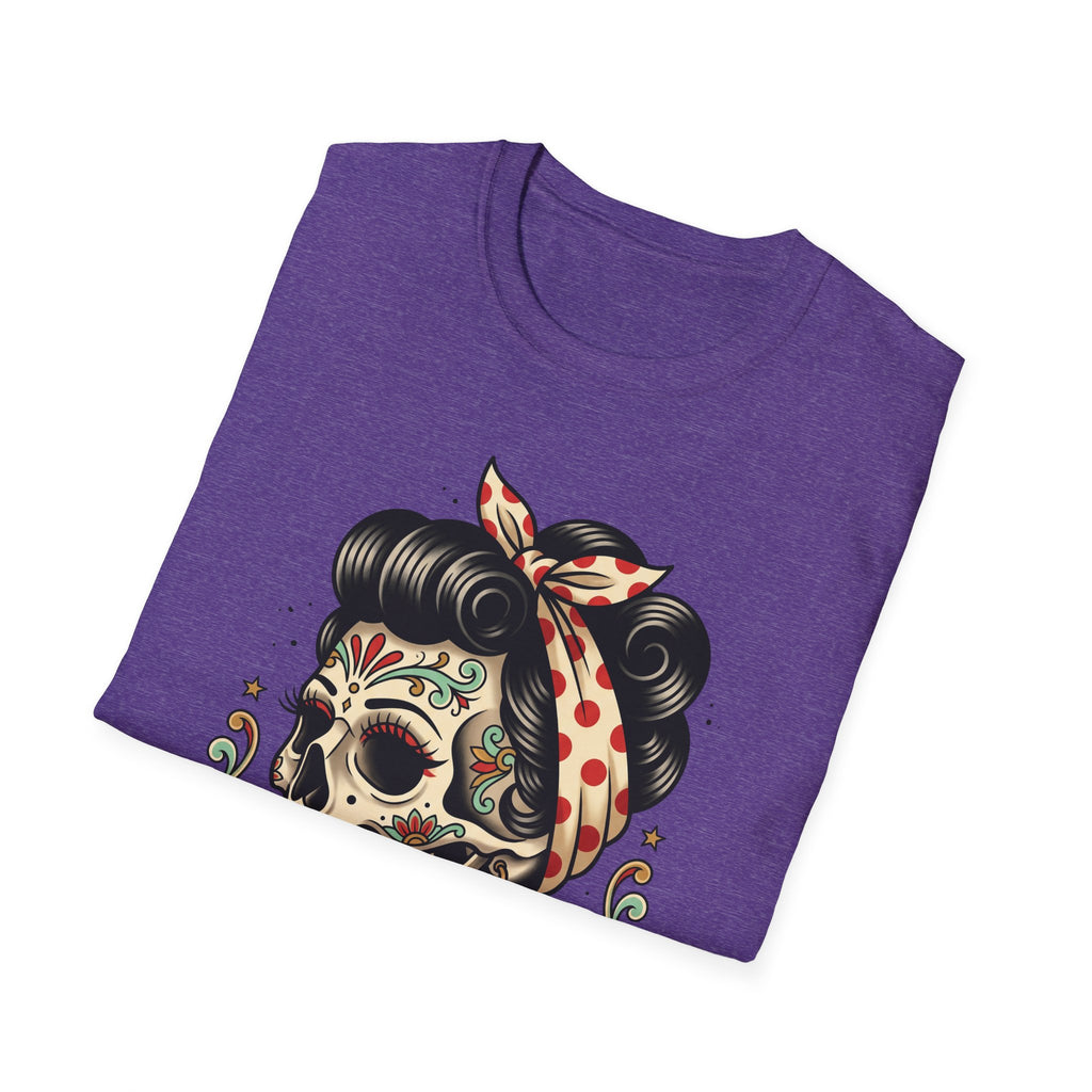 Heather purple t-shirt with colorful sugar skull pinup tattoo-style design