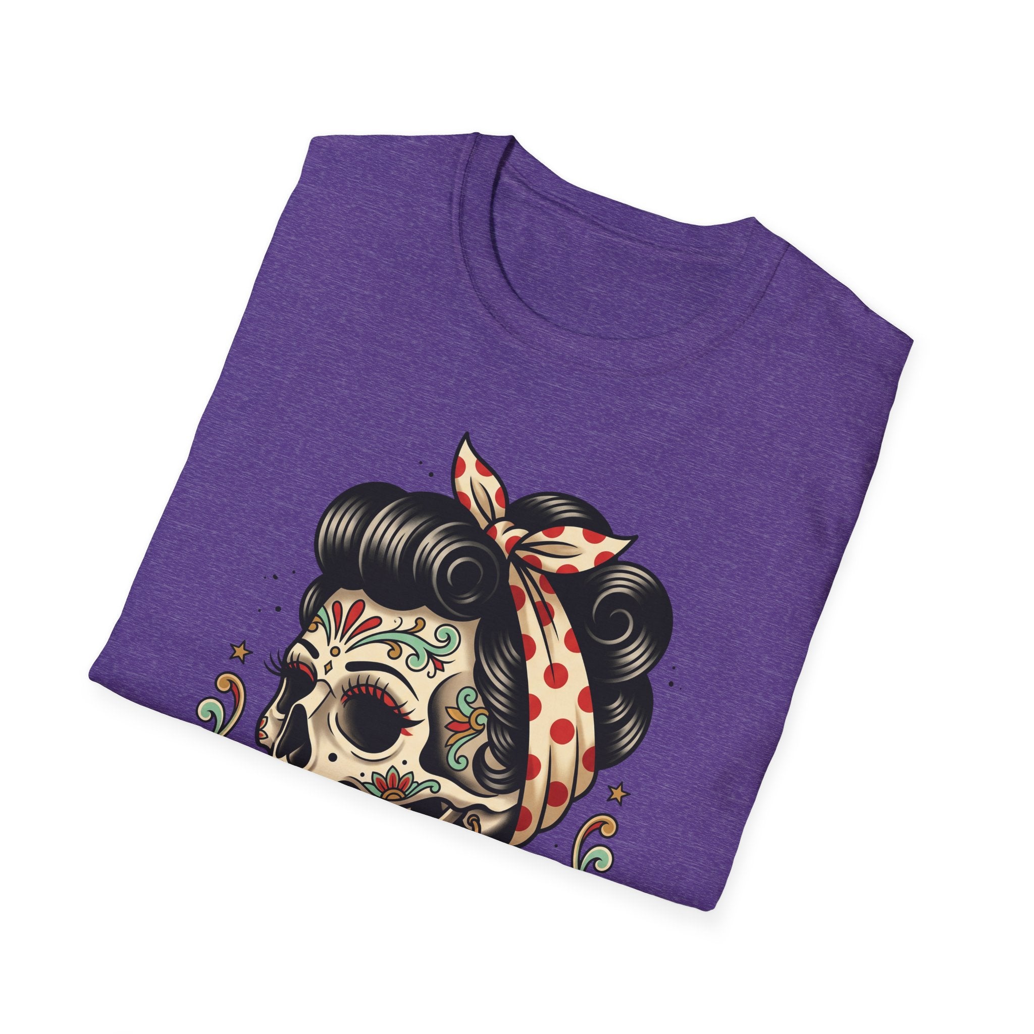 Heather purple t-shirt with colorful sugar skull pinup tattoo-style design