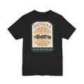 Black T-shirt with centered vintage Indiana racecar graphic in a square frame.