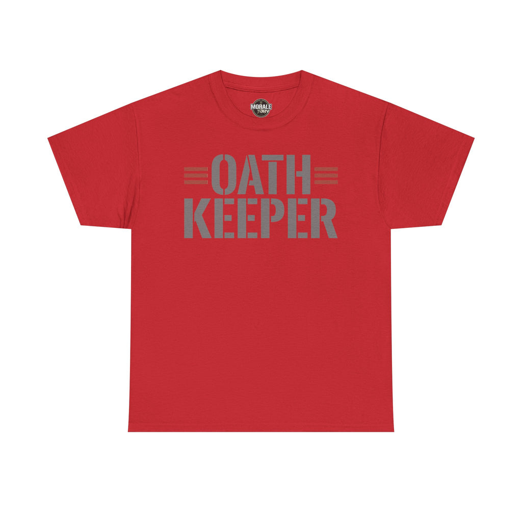 Red T-shirt with 'OATH KEEPER' patriotic graphic