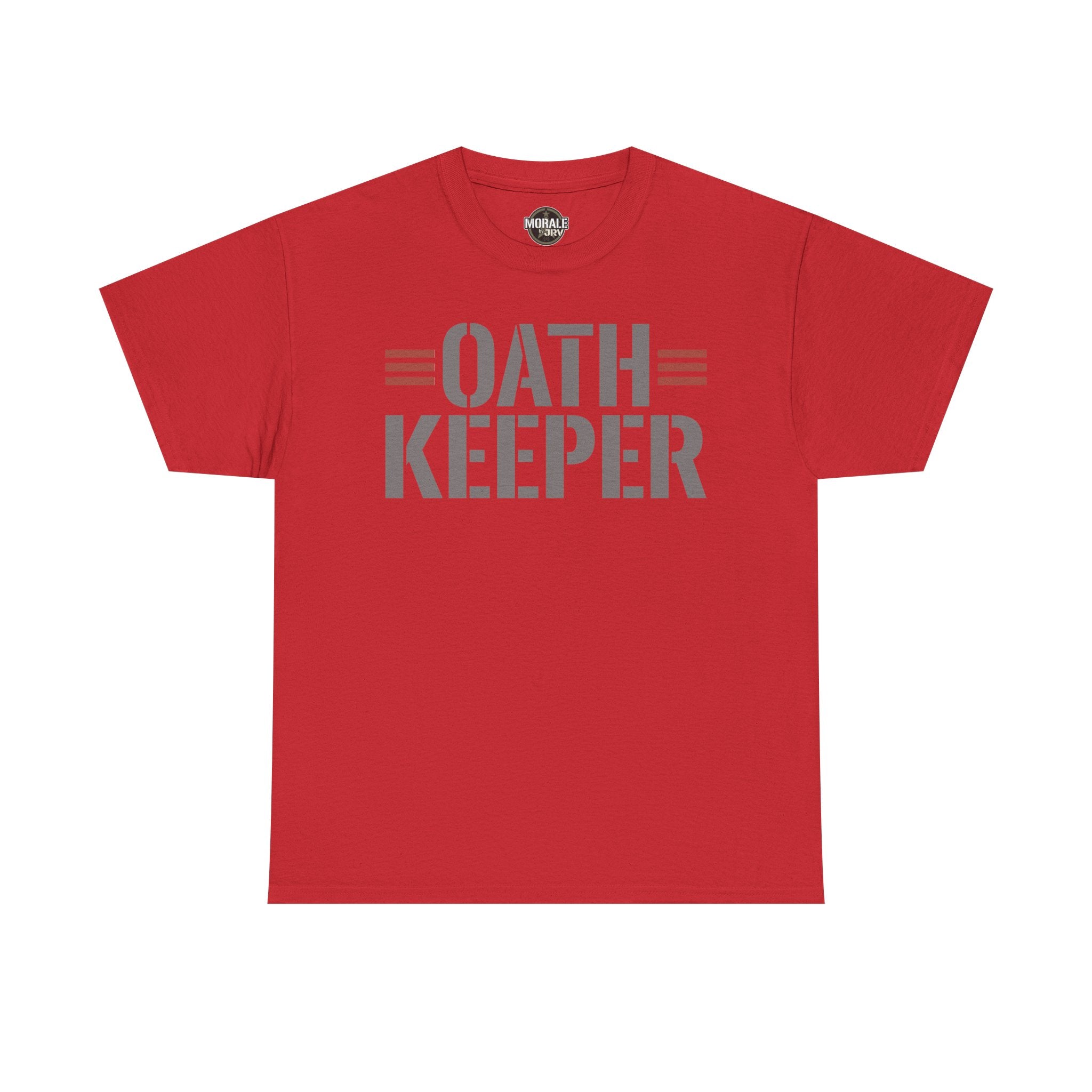 Red T-shirt with 'OATH KEEPER' patriotic graphic