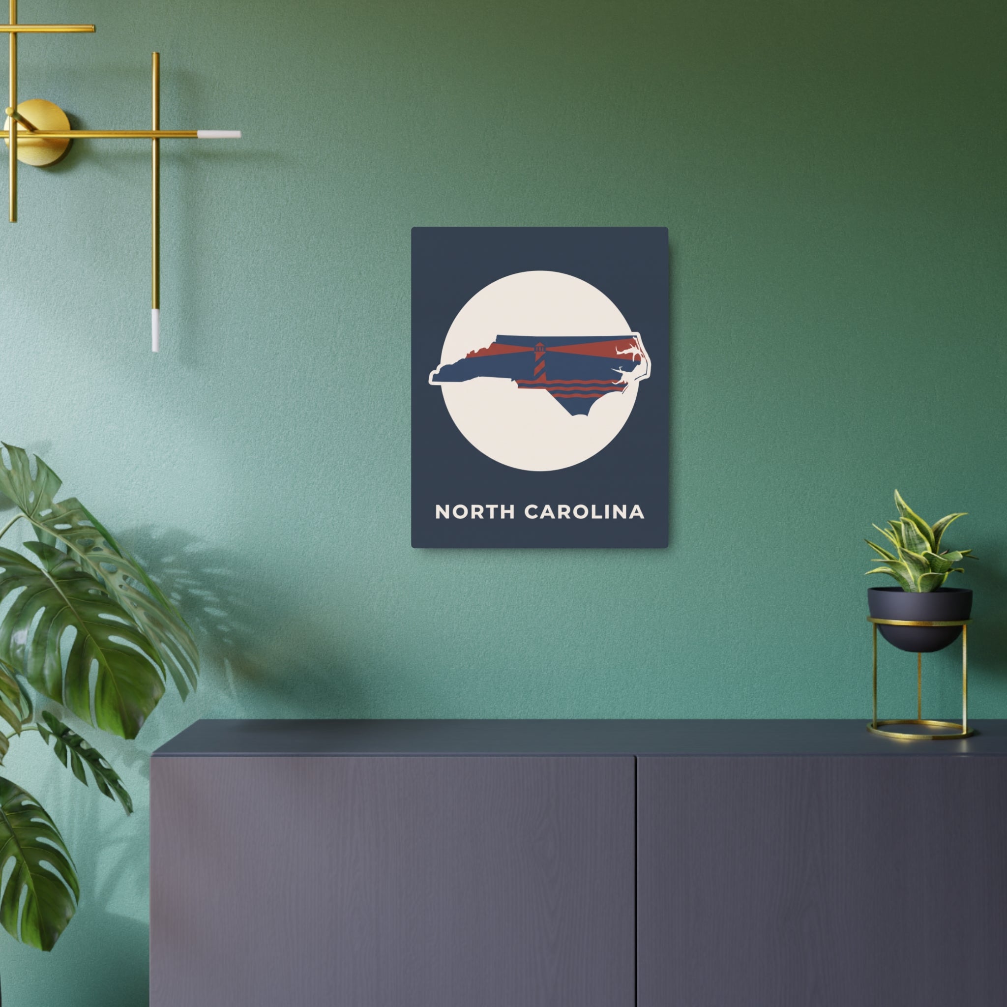 North Carolina lighthouse metal wall sign with dark square and state outline