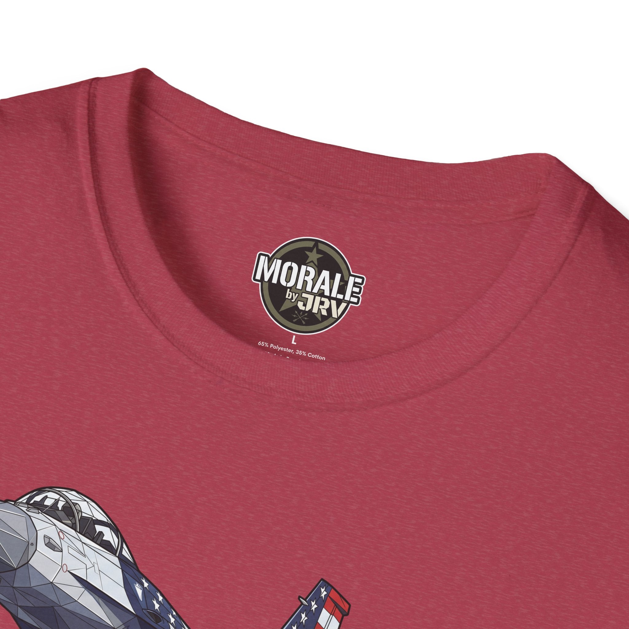 Burgundy crewneck T-shirt, Morale by Orivi logo at collar, partial F-16 jet graphic