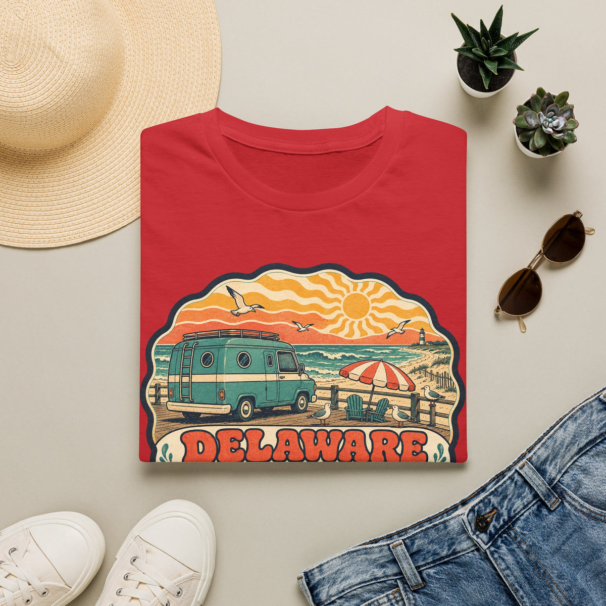 Red unisex T-shirt with vintage van and Delaware beach sunset graphic