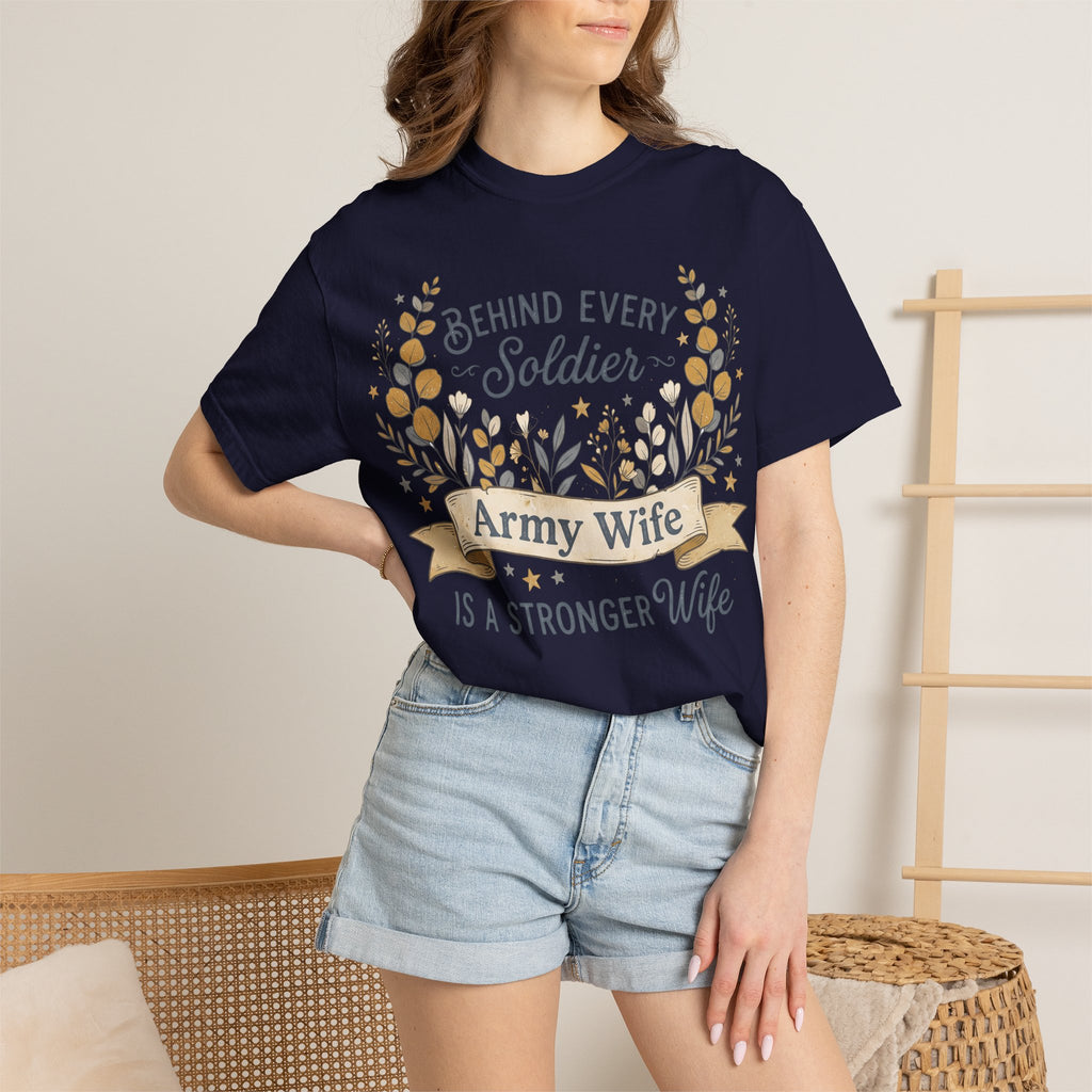 Navy crewneck T-shirt with 'Army Wife is a Stronger Wife' text