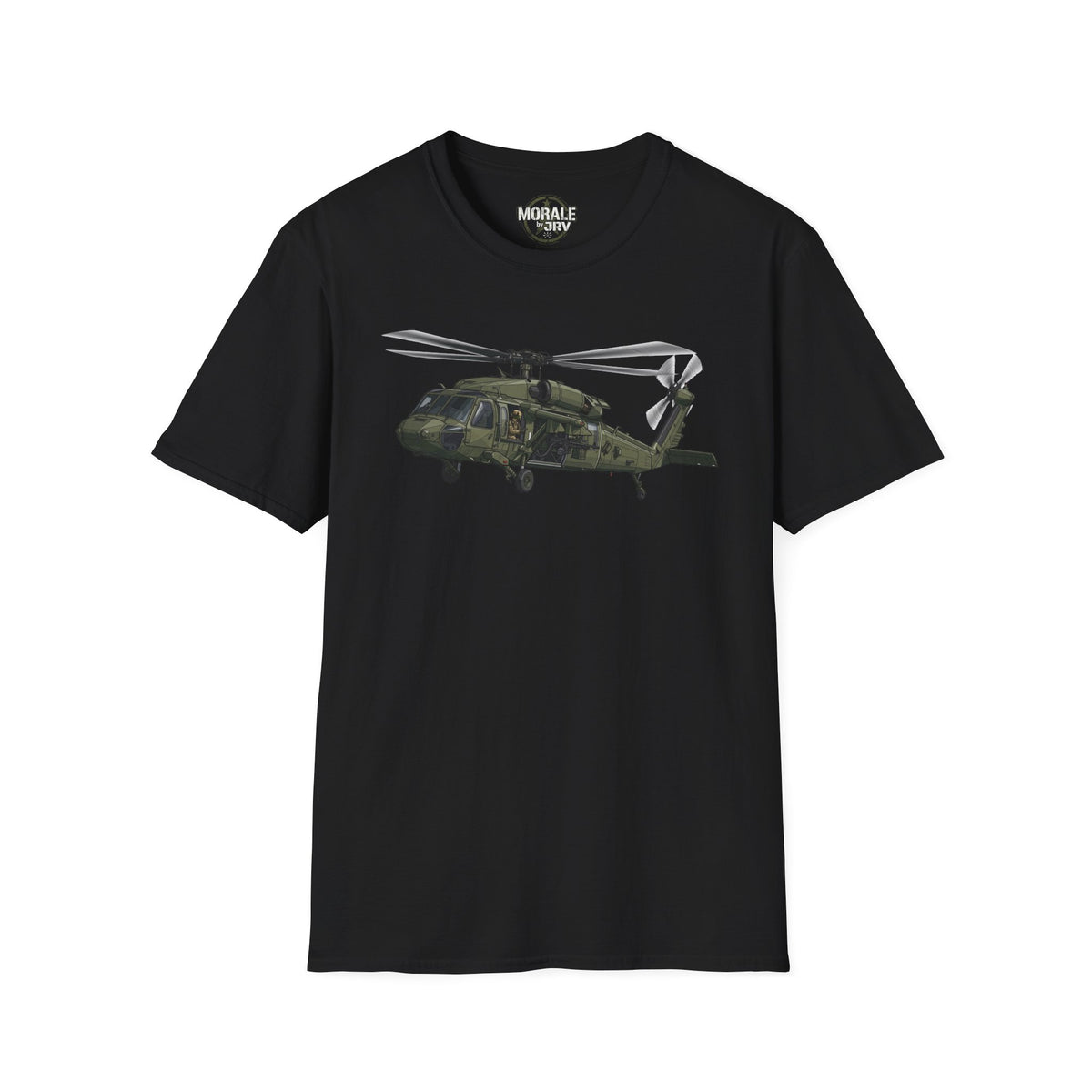 Black crew-neck T-shirt with helicopter graphic and small chest logo.