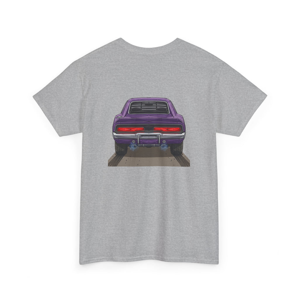 Sport grey T-shirt with purple retro muscle car chest graphic, rear view