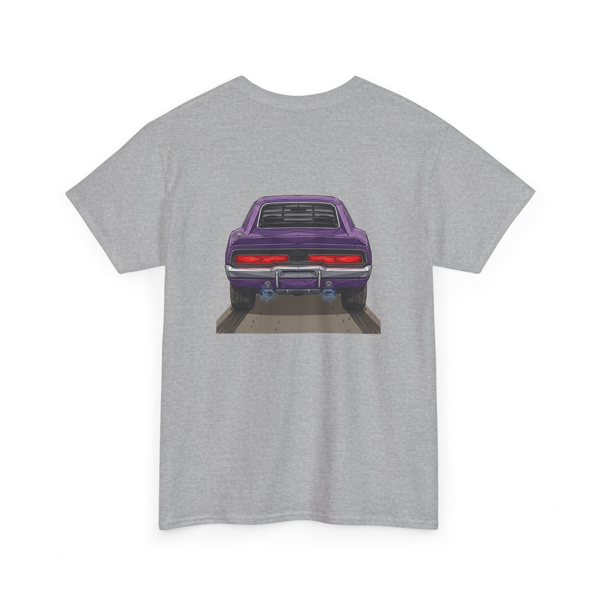 Sport grey T-shirt with purple retro muscle car chest graphic, rear view