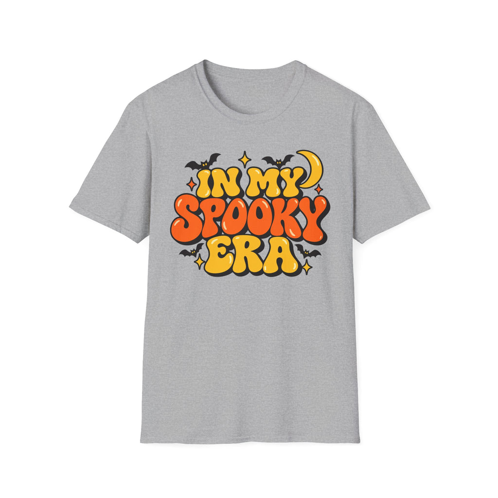 Heather gray Halloween graphic T-shirt with orange and yellow bubble lettering