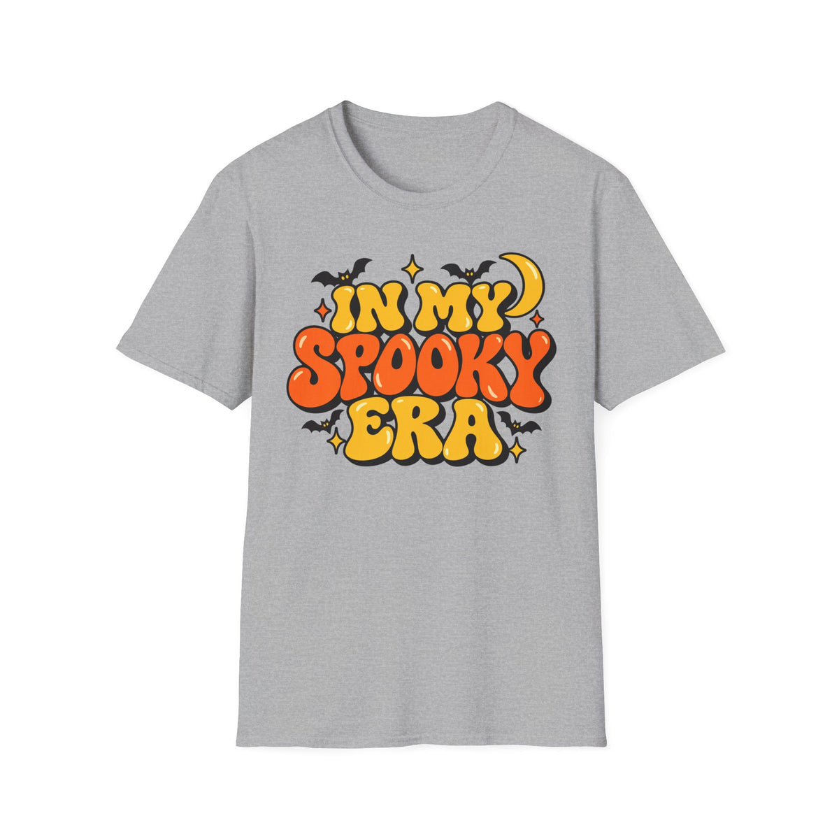 Heather gray Halloween graphic T-shirt with orange and yellow bubble lettering