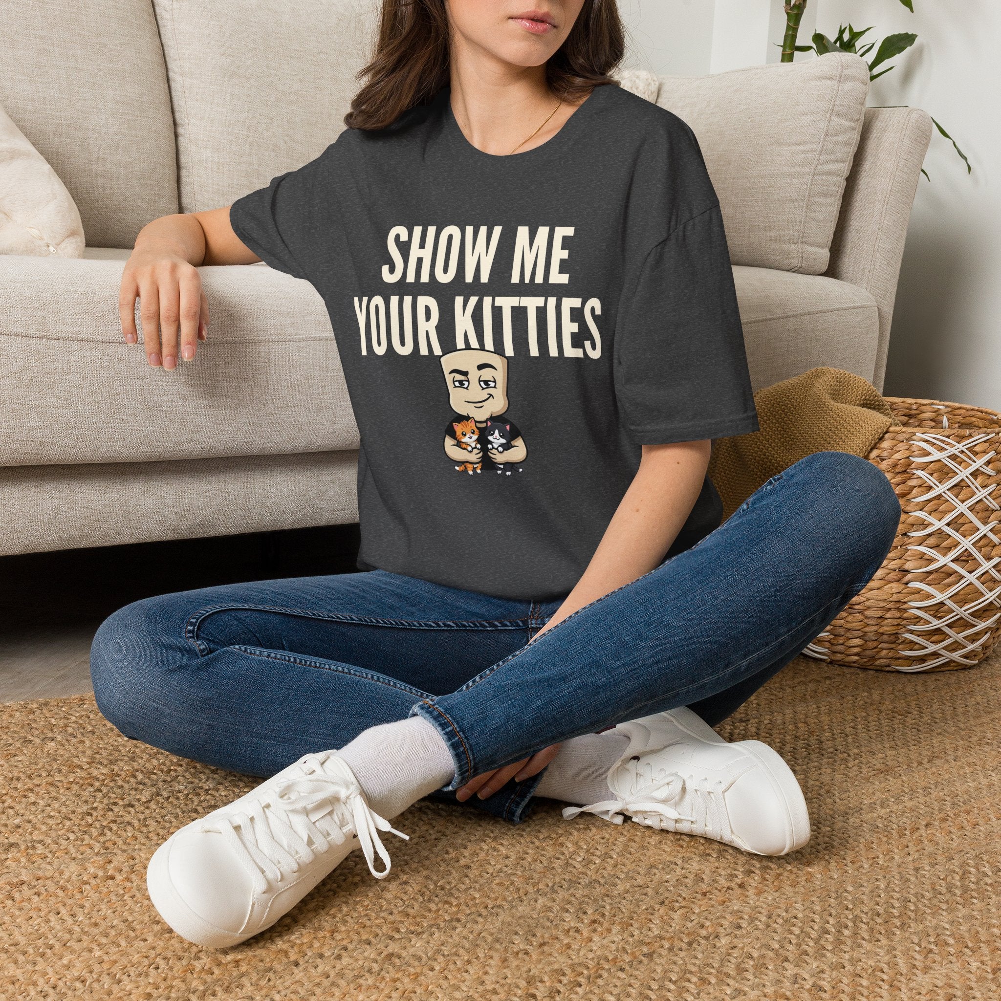 Dark heather T-shirt with 'SHOW ME YOUR KITTIES' cat graphic