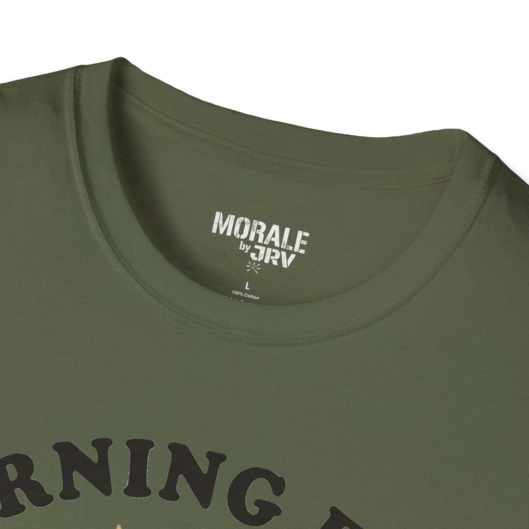 Military green T-shirt neck logo reading “MORALE by JTRV”