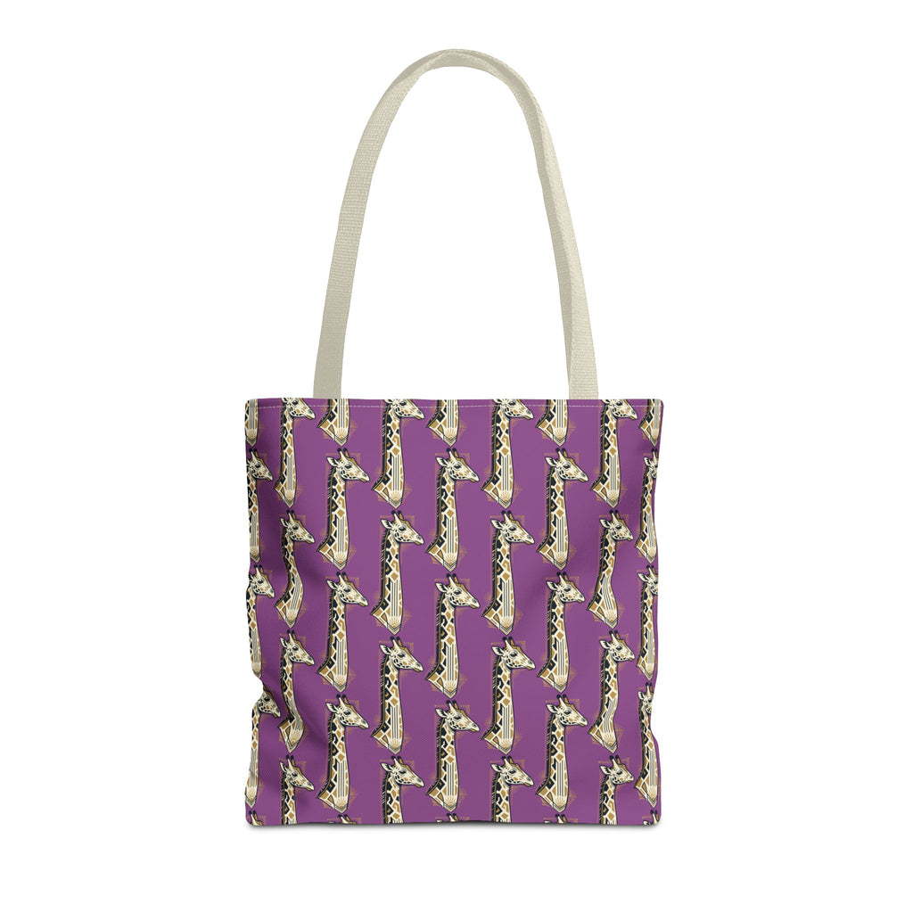 Purple tote bag with repeating saxophone pattern, light cream handles