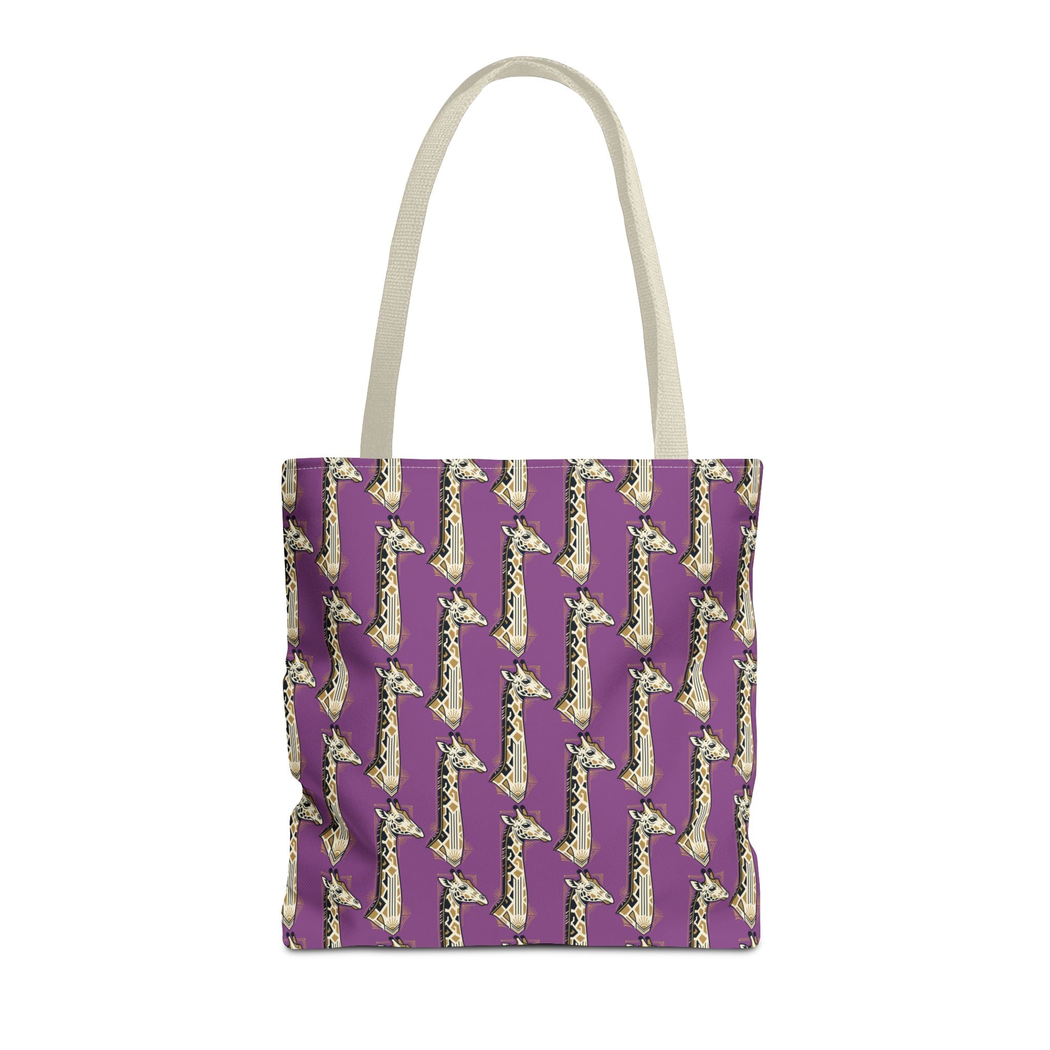 Purple tote bag with repeating saxophone pattern, light cream handles