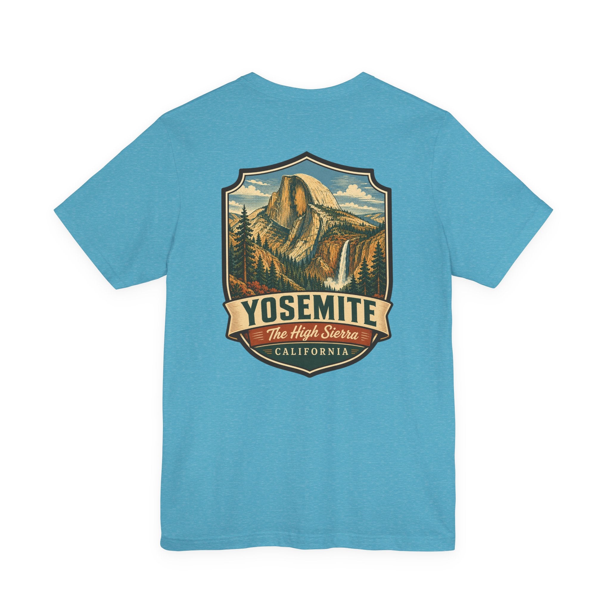 Aqua T-shirt with large Yosemite High Sierra mountain graphic and California text