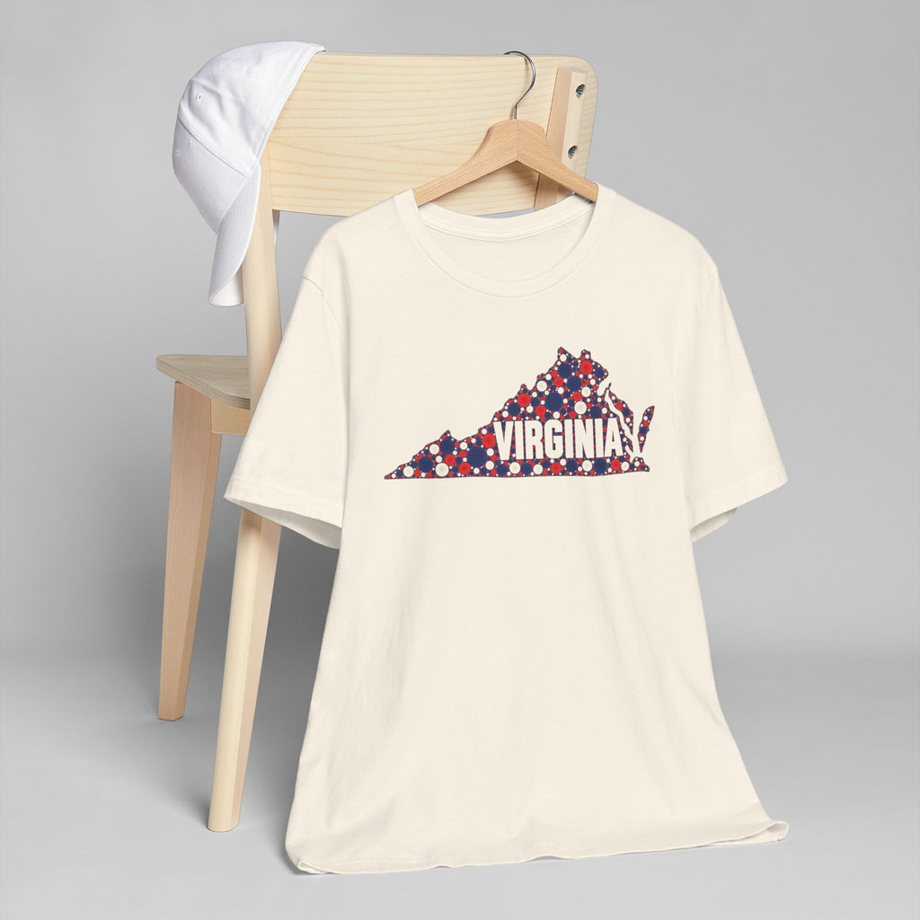 Light cream crew-neck t-shirt with blue-red Virginia map graphic print
