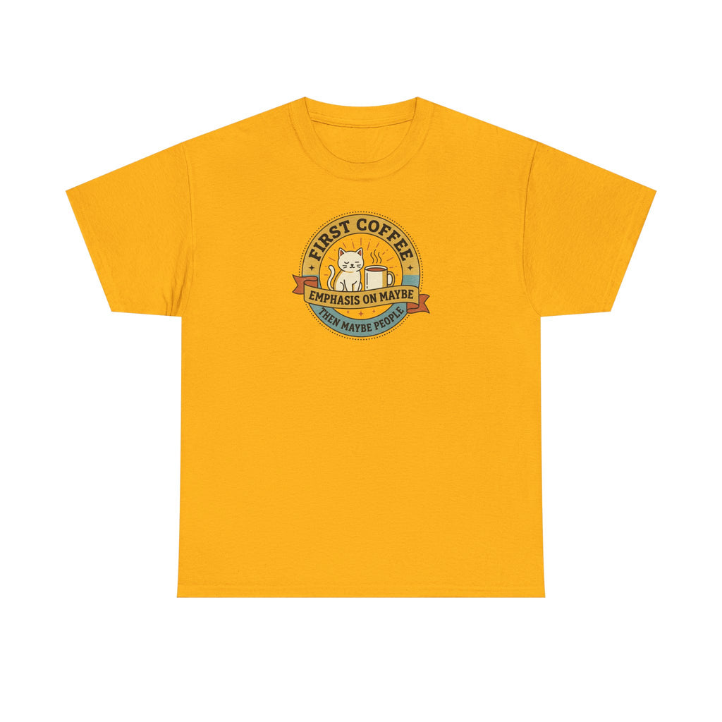 Orange T-shirt with round “First Coffee” coffee logo graphic on chest.