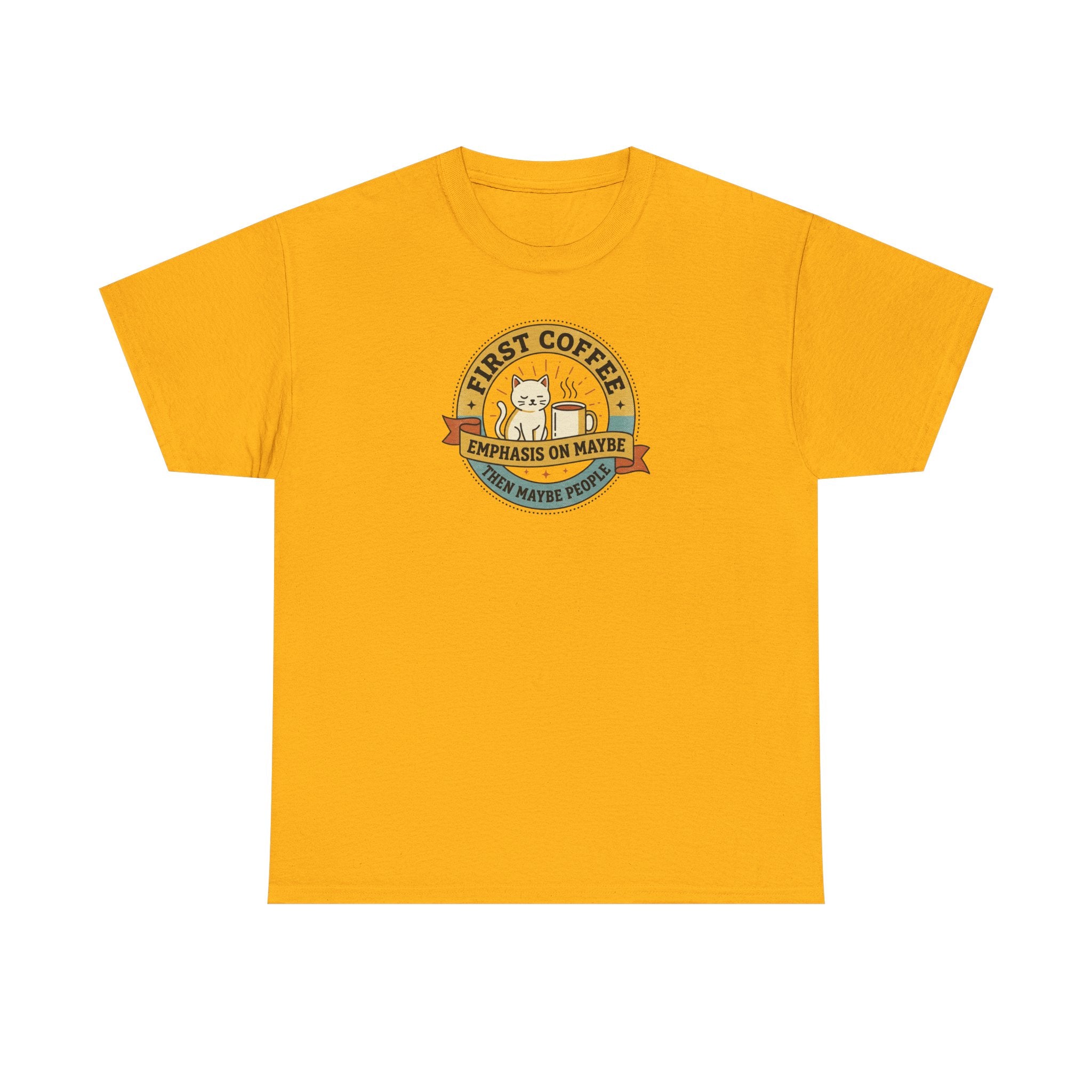 Orange T-shirt with round “First Coffee” coffee logo graphic on chest.