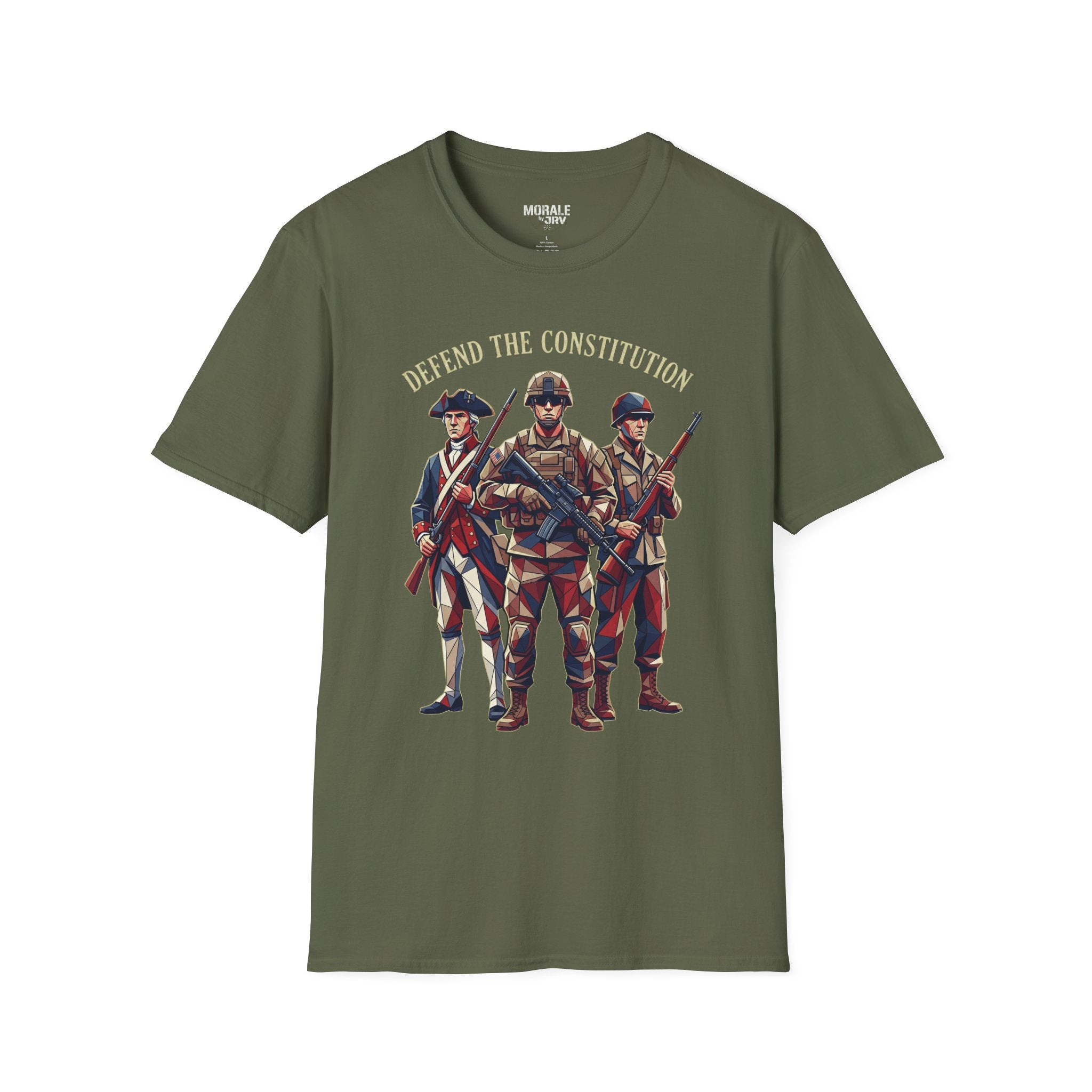 Defend the Constitution T-shirt, military green with patriotic soldiers graphic and slogan