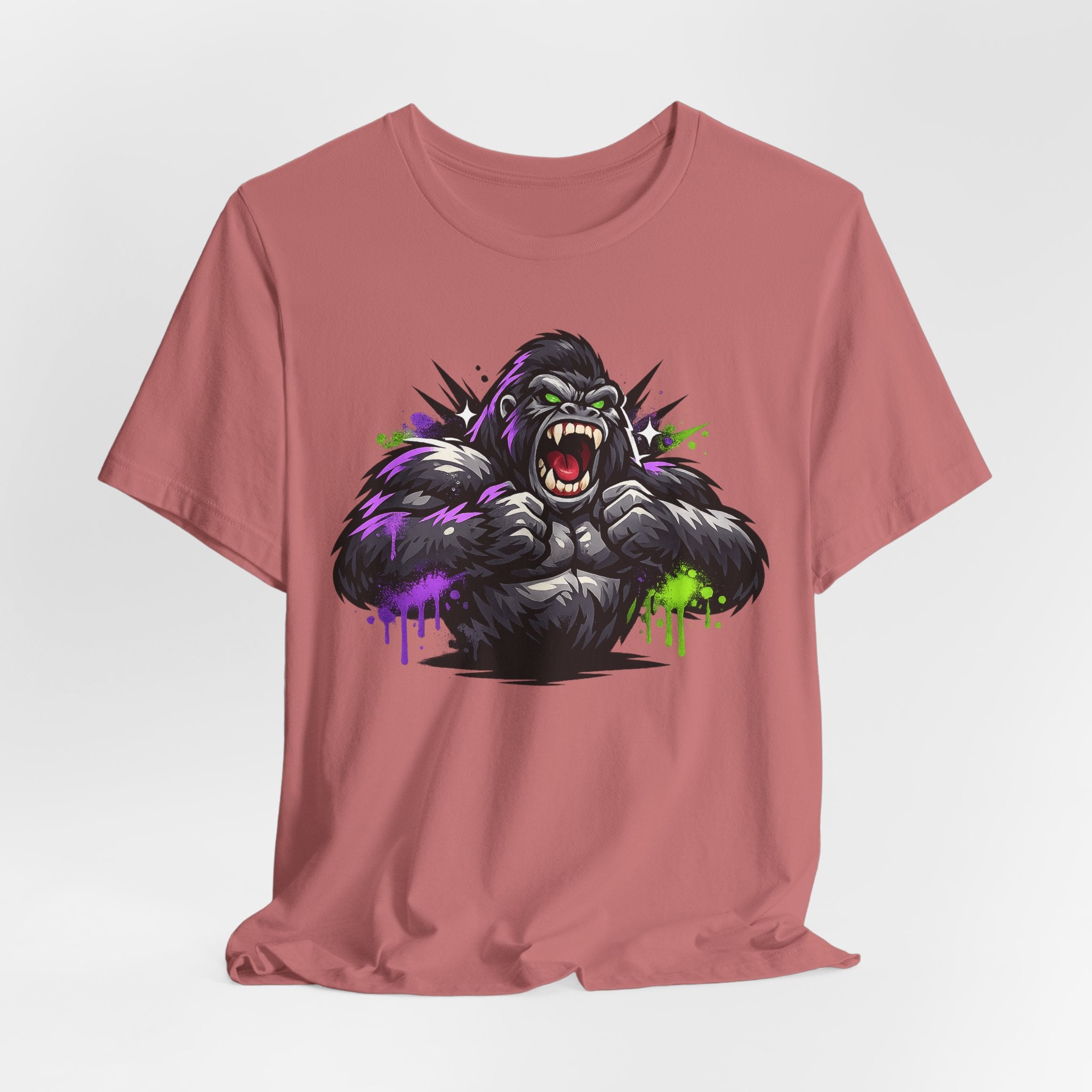 Mauve pink graphic gorilla roaring face T-shirt with purple and green splatter