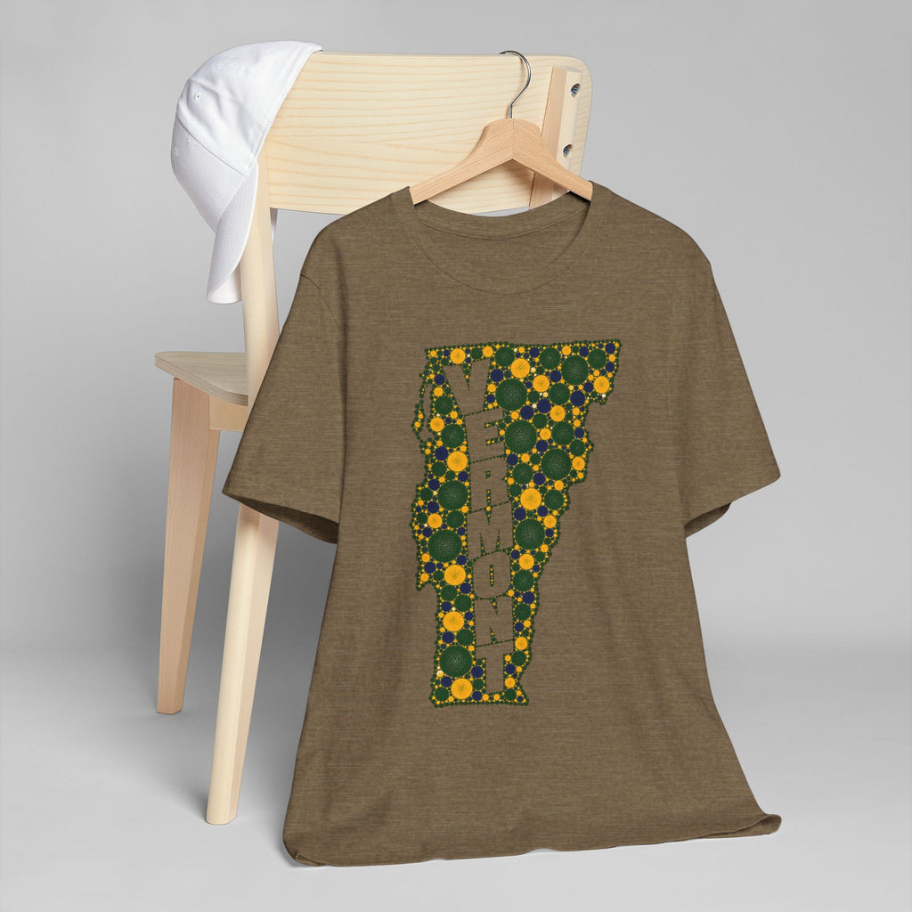 Vermont floral map graphic T-shirt, brown heather with green and gold outline design