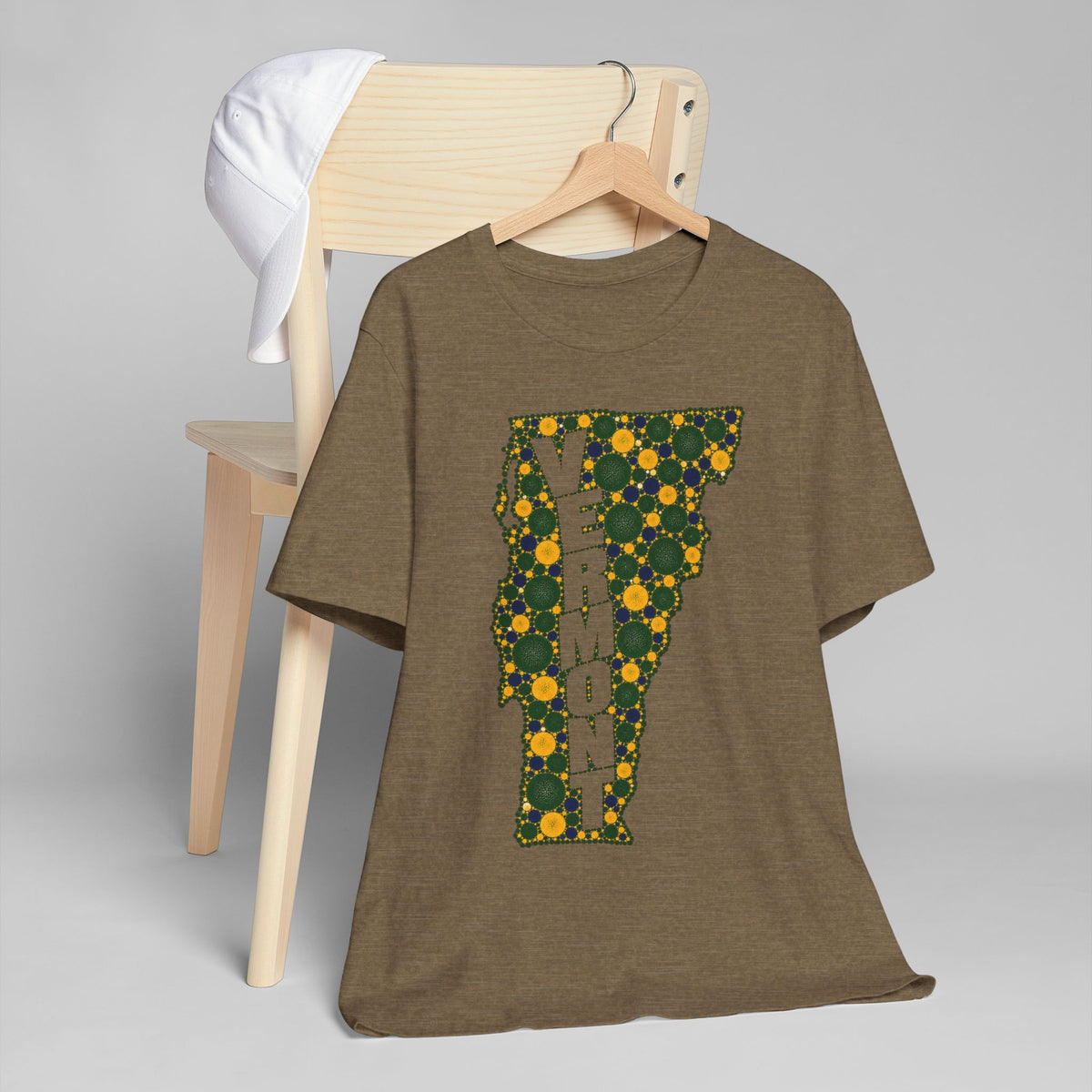 Vermont floral map graphic T-shirt, brown heather with green and gold outline design