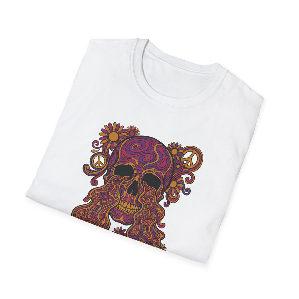 Weißes T‑Shirt mit psychedelischem Blumenschädel-Print und Peace-Symbolen