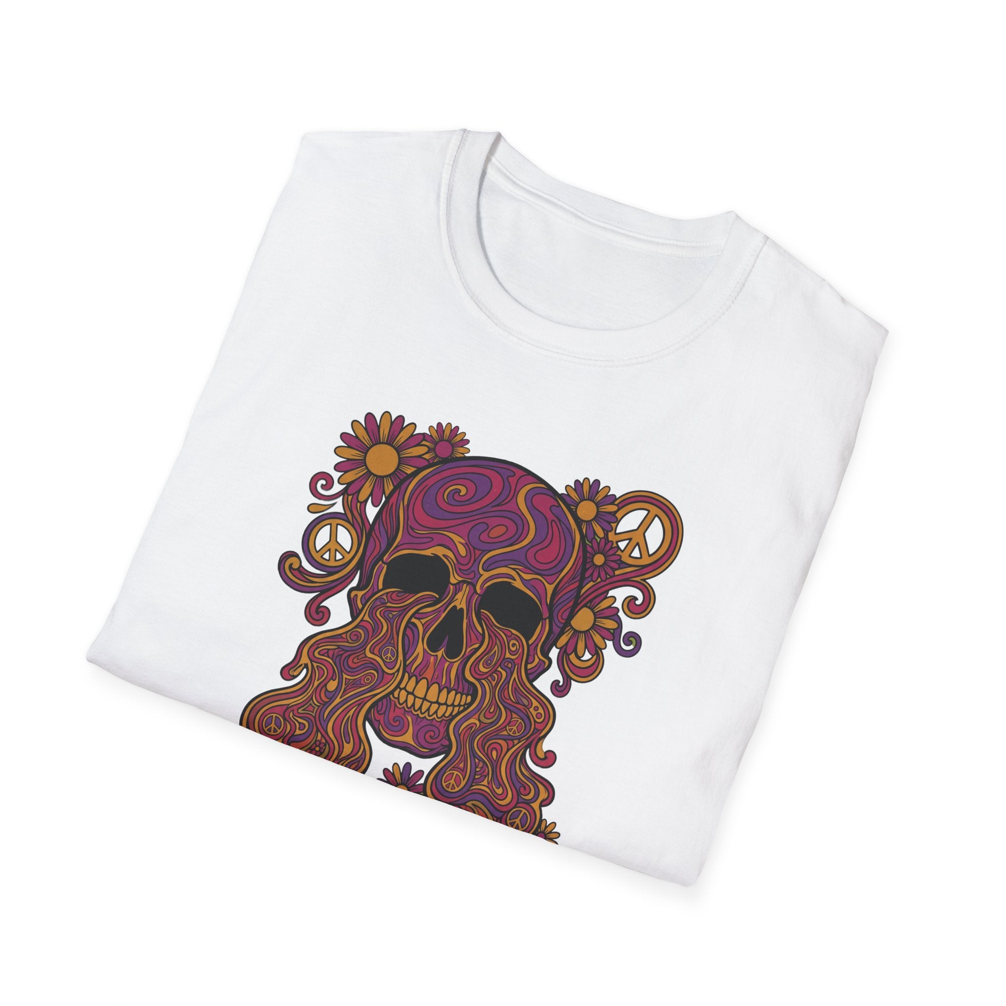 Weißes T‑Shirt mit psychedelischem Blumenschädel-Print und Peace-Symbolen