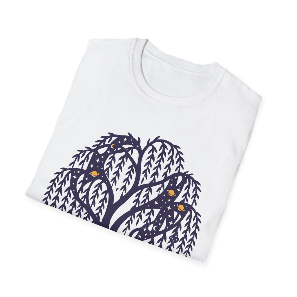 Camiseta blanca Willow Tree Night Owls con gráfica de árbol y búhos nocturnos en azul