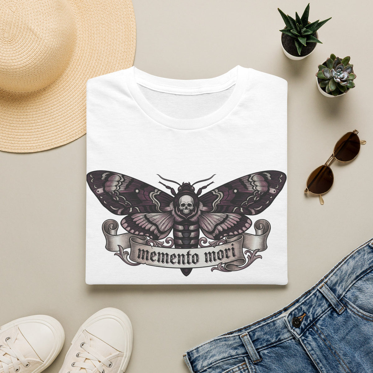 White crew-neck t-shirt with death moth skull graphic across the chest