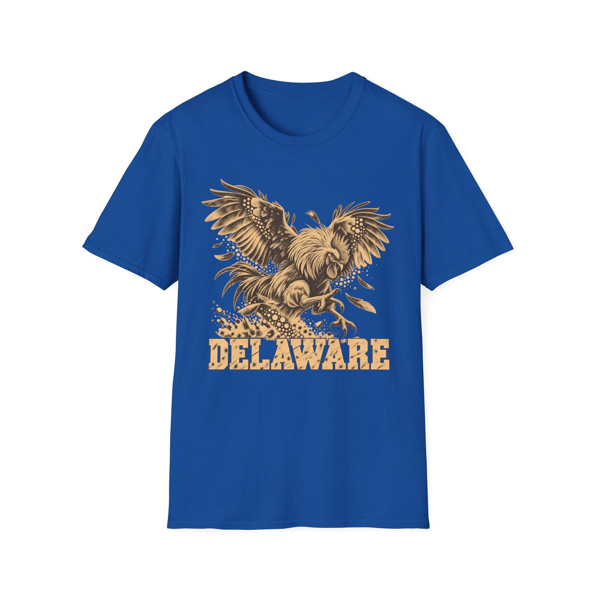 Royal blue t-shirt with golden soaring eagle and DELAWARE front graphic