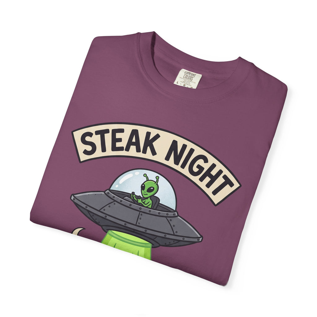 Maroon T-shirt front with Steak Night alien UFO and cow graphic