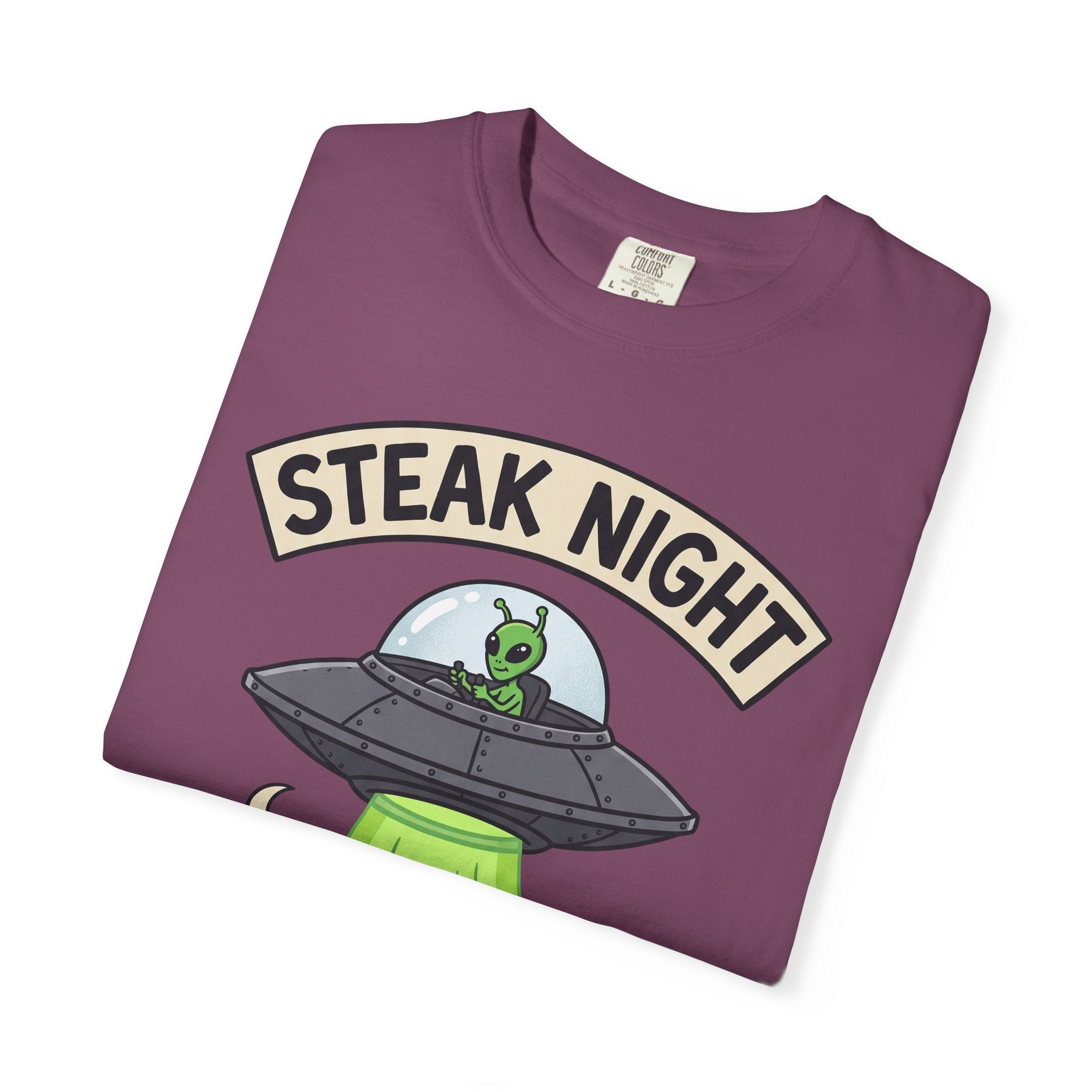 Maroon T-shirt front with Steak Night alien UFO and cow graphic