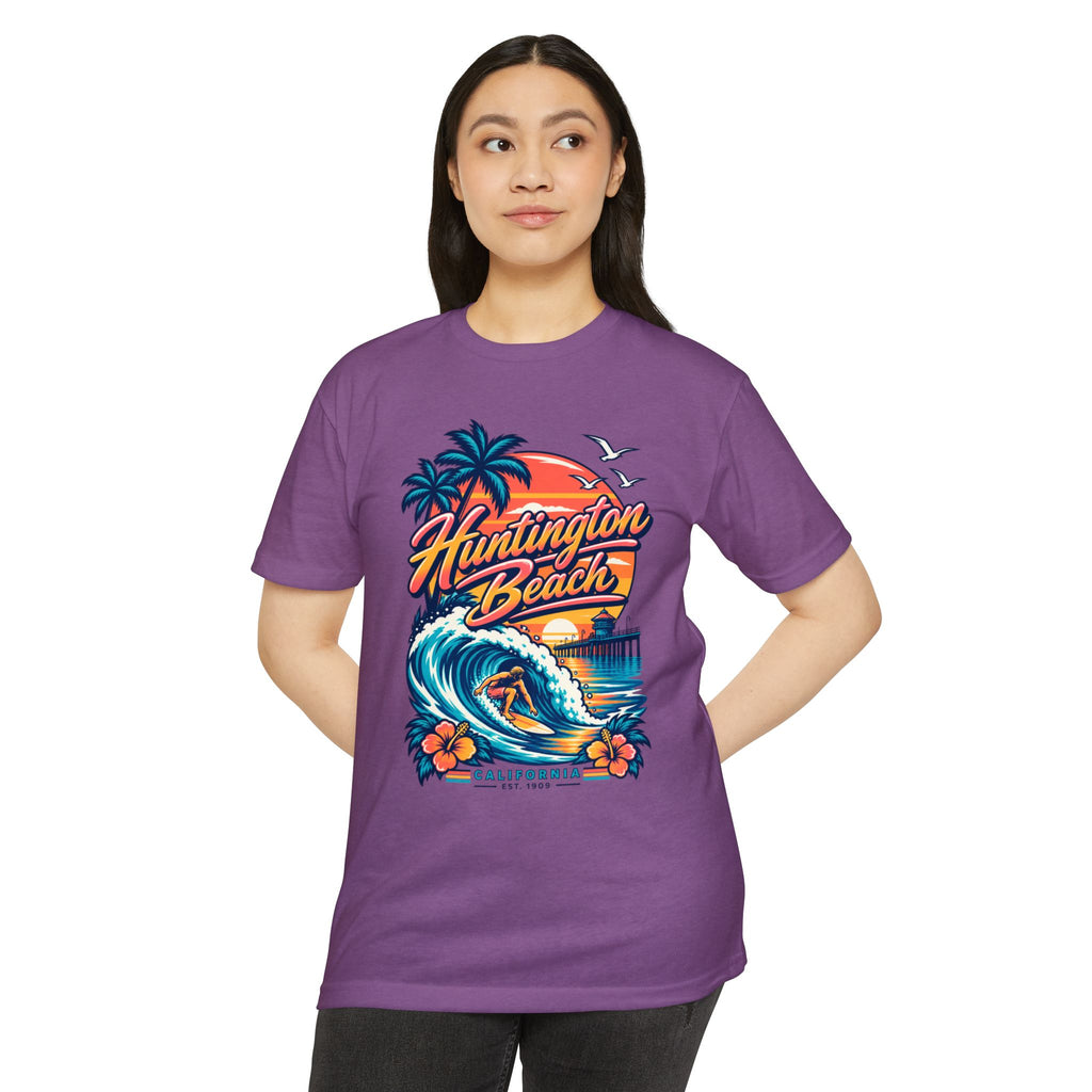 Purple crew-neck T-shirt with colorful wave, palm trees and pier graphic