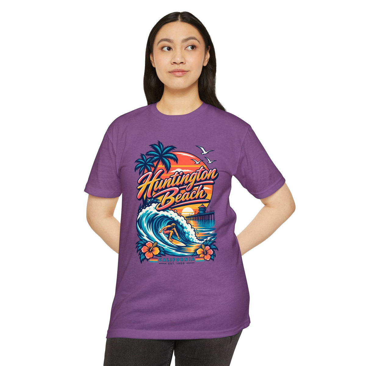 Purple crew-neck T-shirt with colorful wave, palm trees and pier graphic