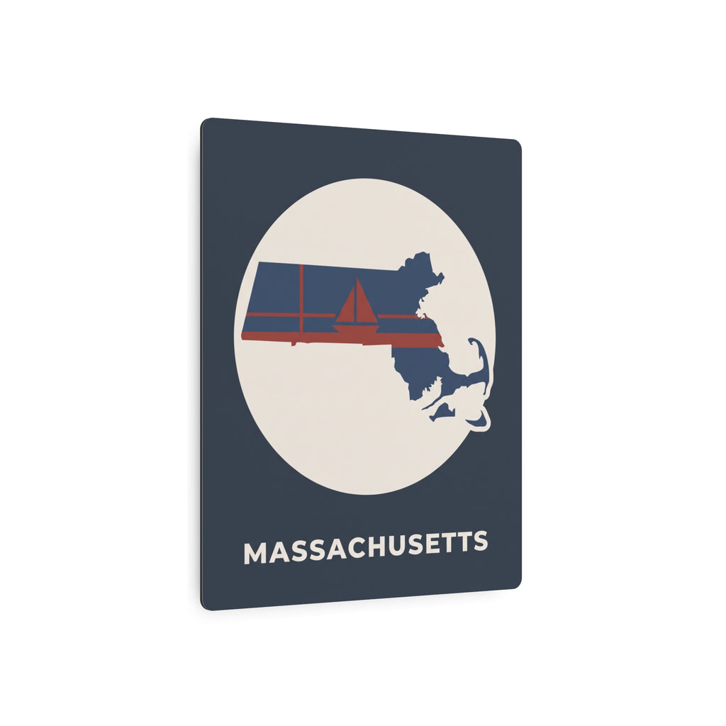 Metal state map art sign with circular Massachusetts silhouette and nautical Cape Cod striped design.