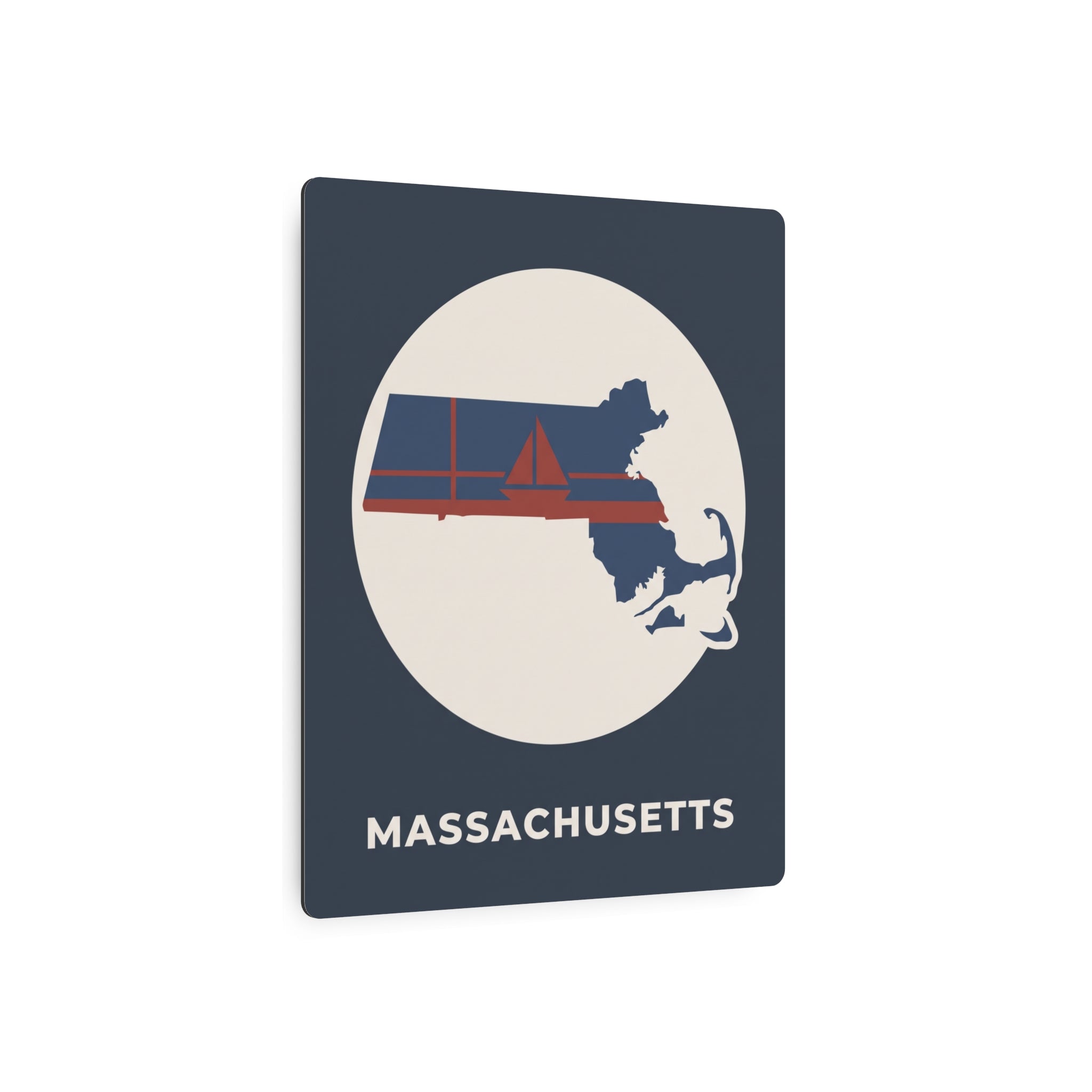 Metal state map art sign with circular Massachusetts silhouette and nautical Cape Cod striped design.