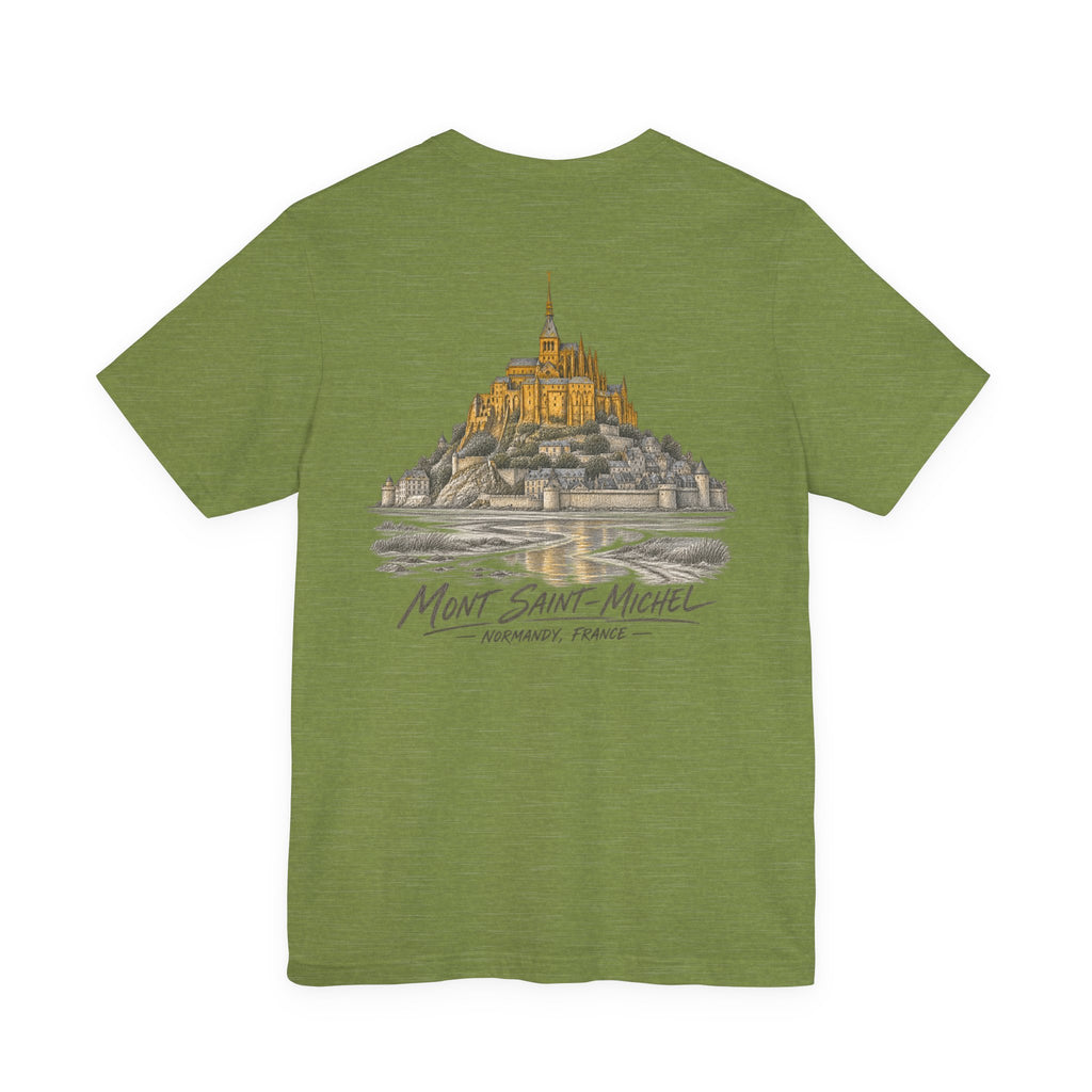Green crew neck T-shirt with Mont Saint-Michel illustrated landmark and script text