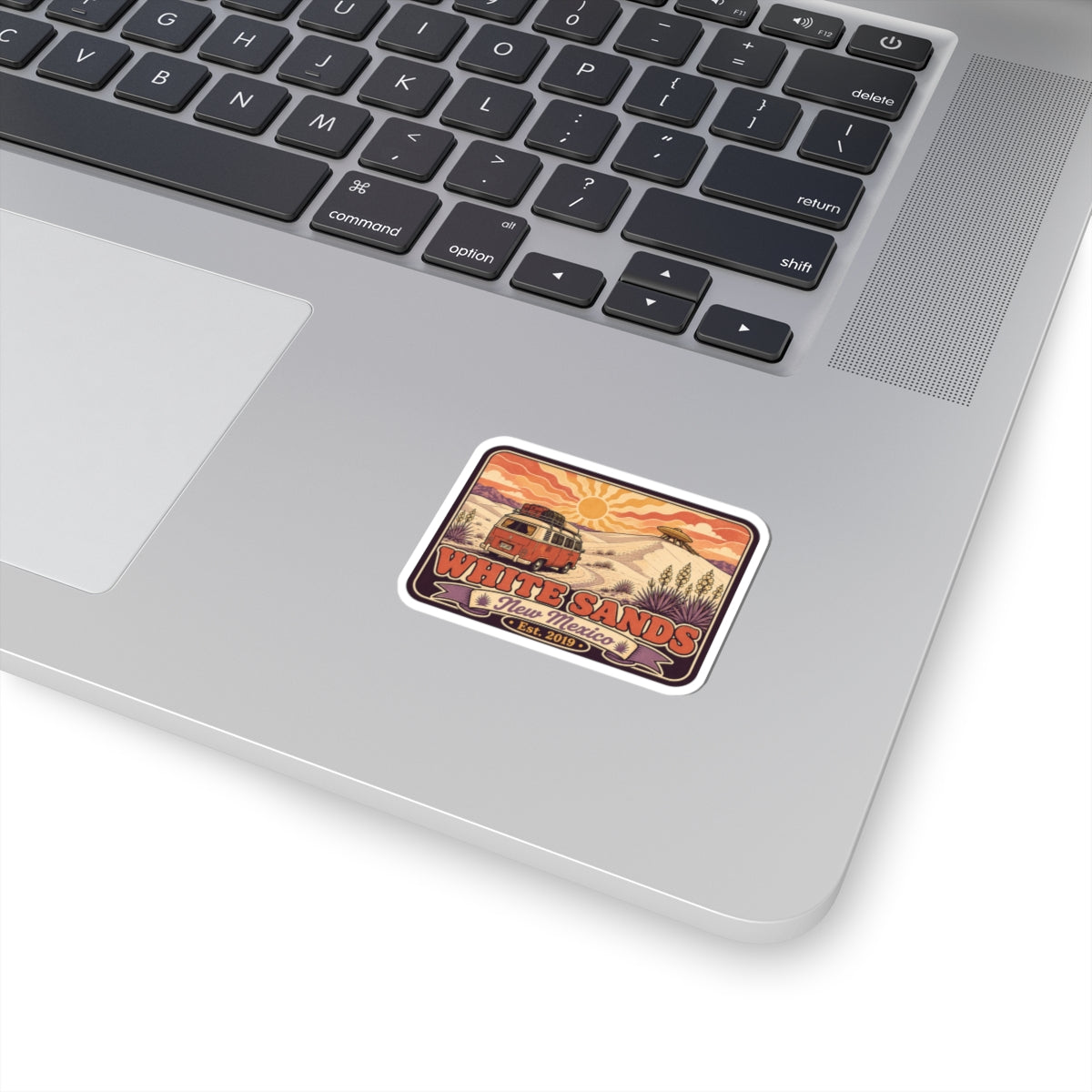 White Sands vintage camper van kiss-cut sticker with colorful desert scene border