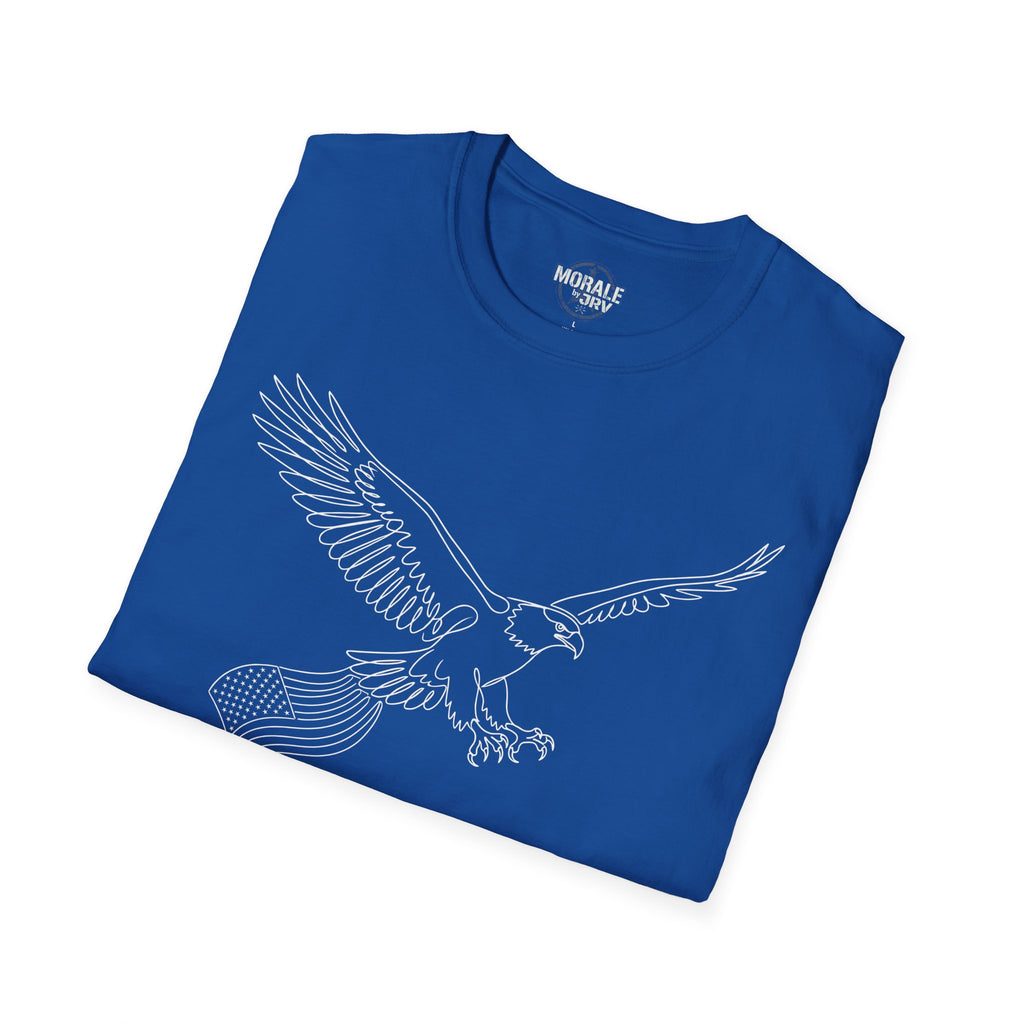 Soaring Eagle line art T-shirt, royal blue minimal bird outline with stars