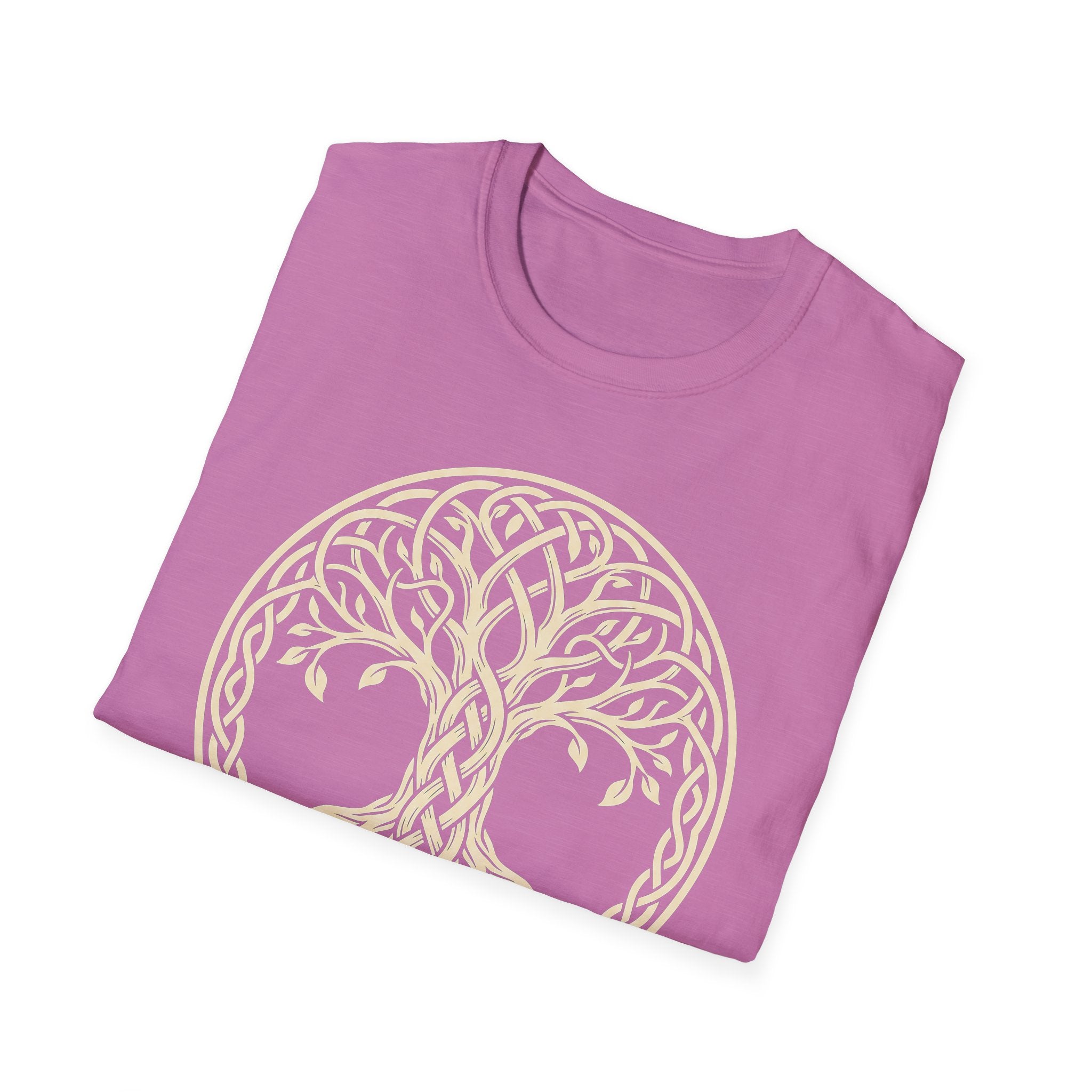 Celtic Tree of Life T-shirt with gold knotwork tree circular graphic, lavender pink