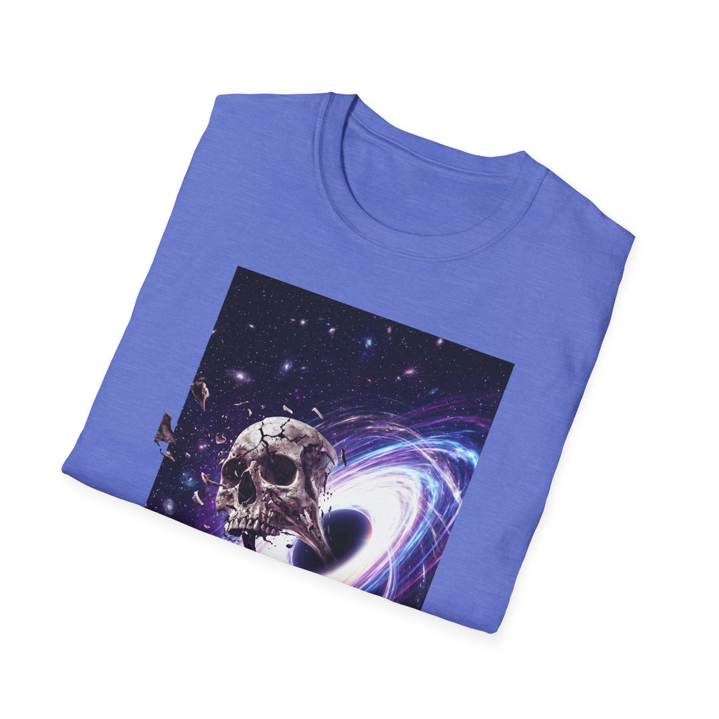Cosmic skull galaxy T-shirt with skull and space spiral graphic on bluish purple