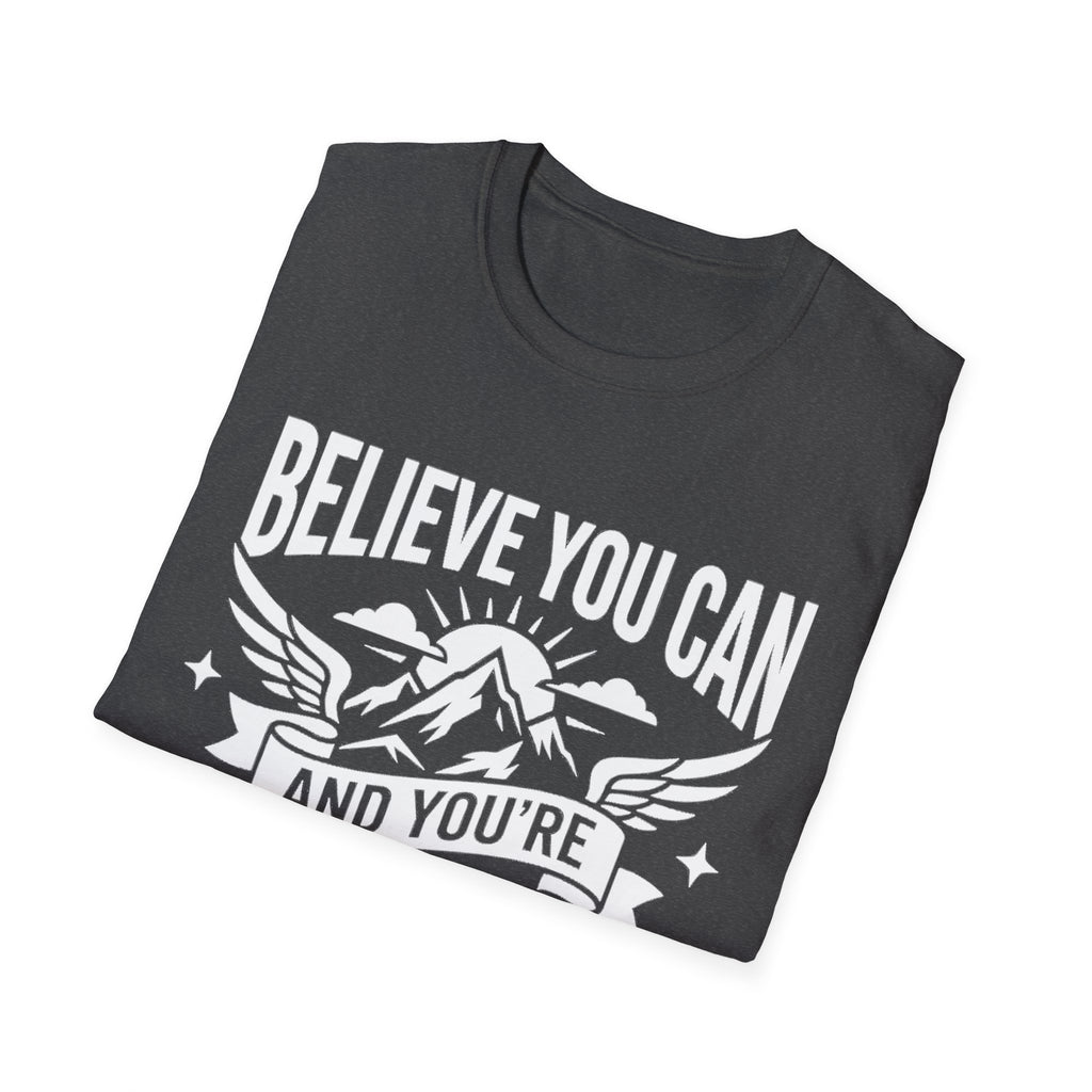 Believe You Can mountain quote T-shirt in dark heather with white graphic print.