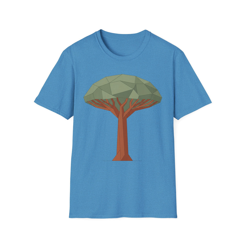 Hellblaue T‑Shirt mit geometrischem Drachenblutbaum-Grafikmotiv auf der Brust