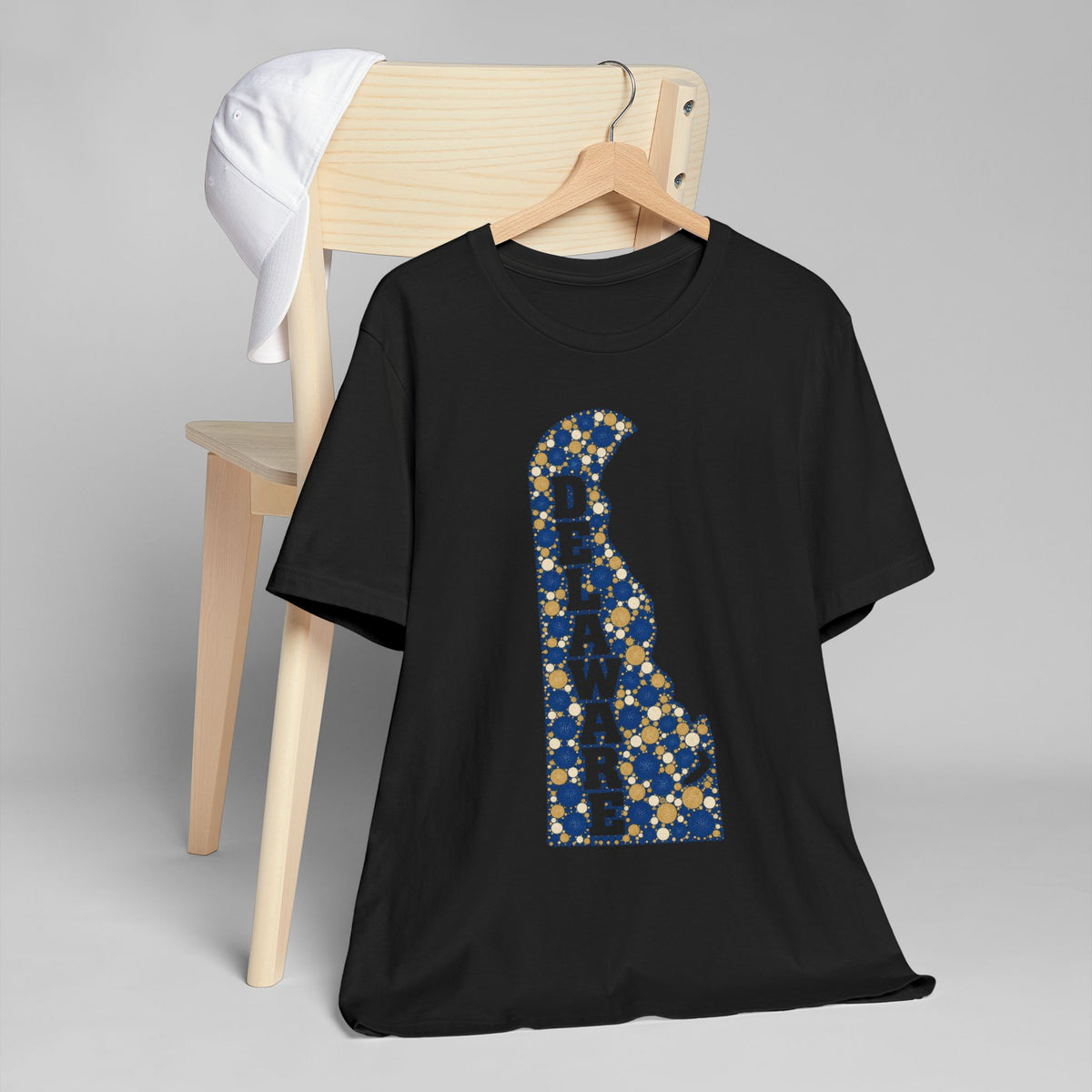 Black Delaware state graphic t-shirt with blue and gold state letter design