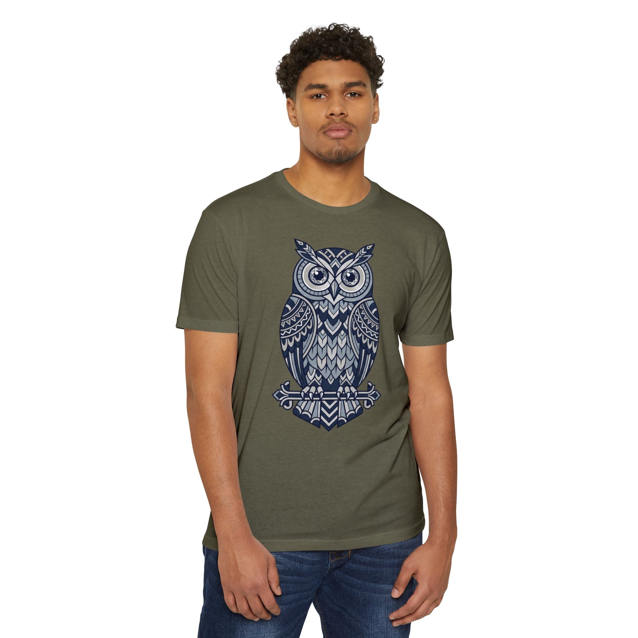Crewneck T-shirt, dark olive with navy owl graphic on the front